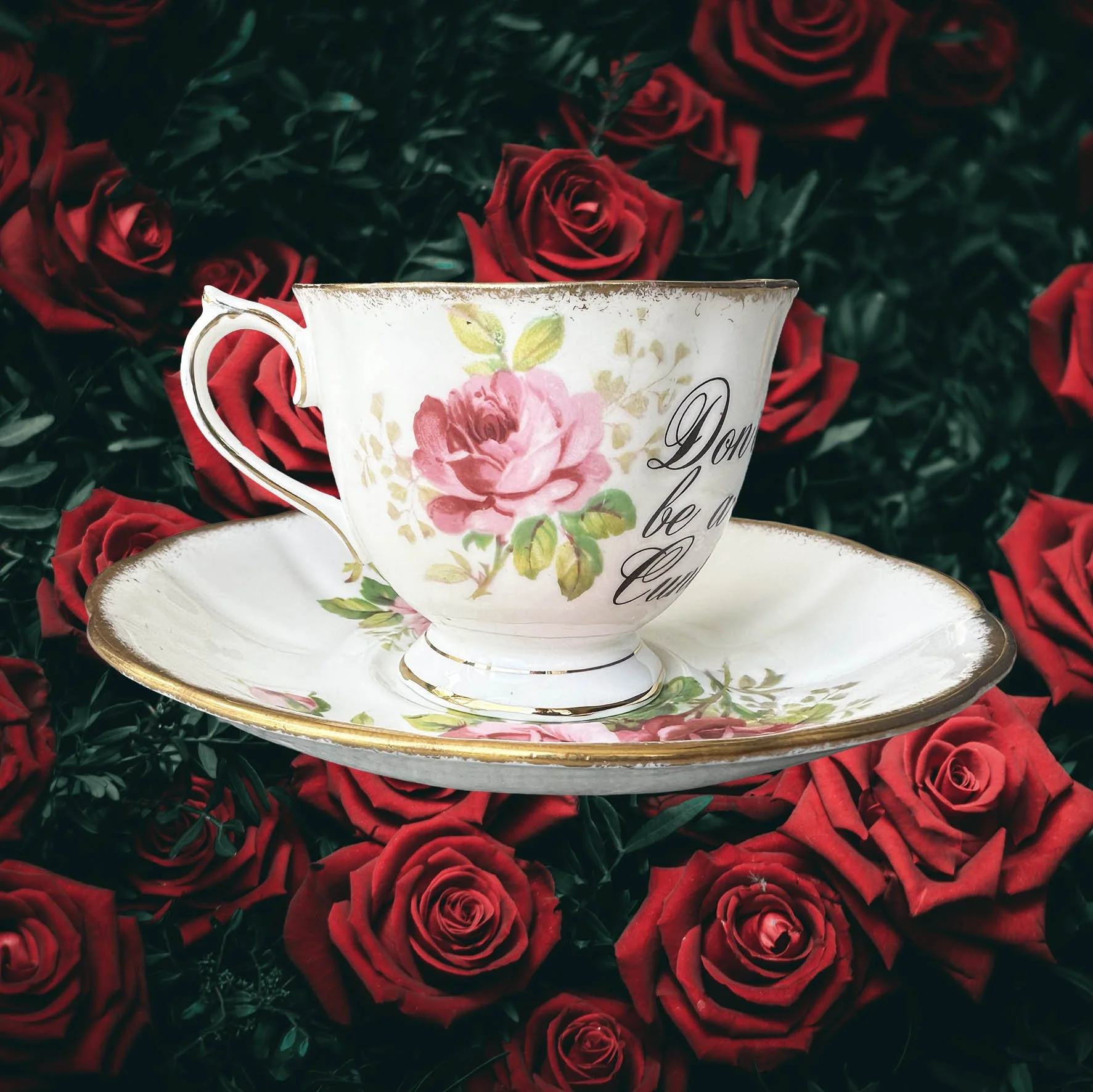 A vintage tea cup with a pink floral design and the words "don't be a cunt" in black writing