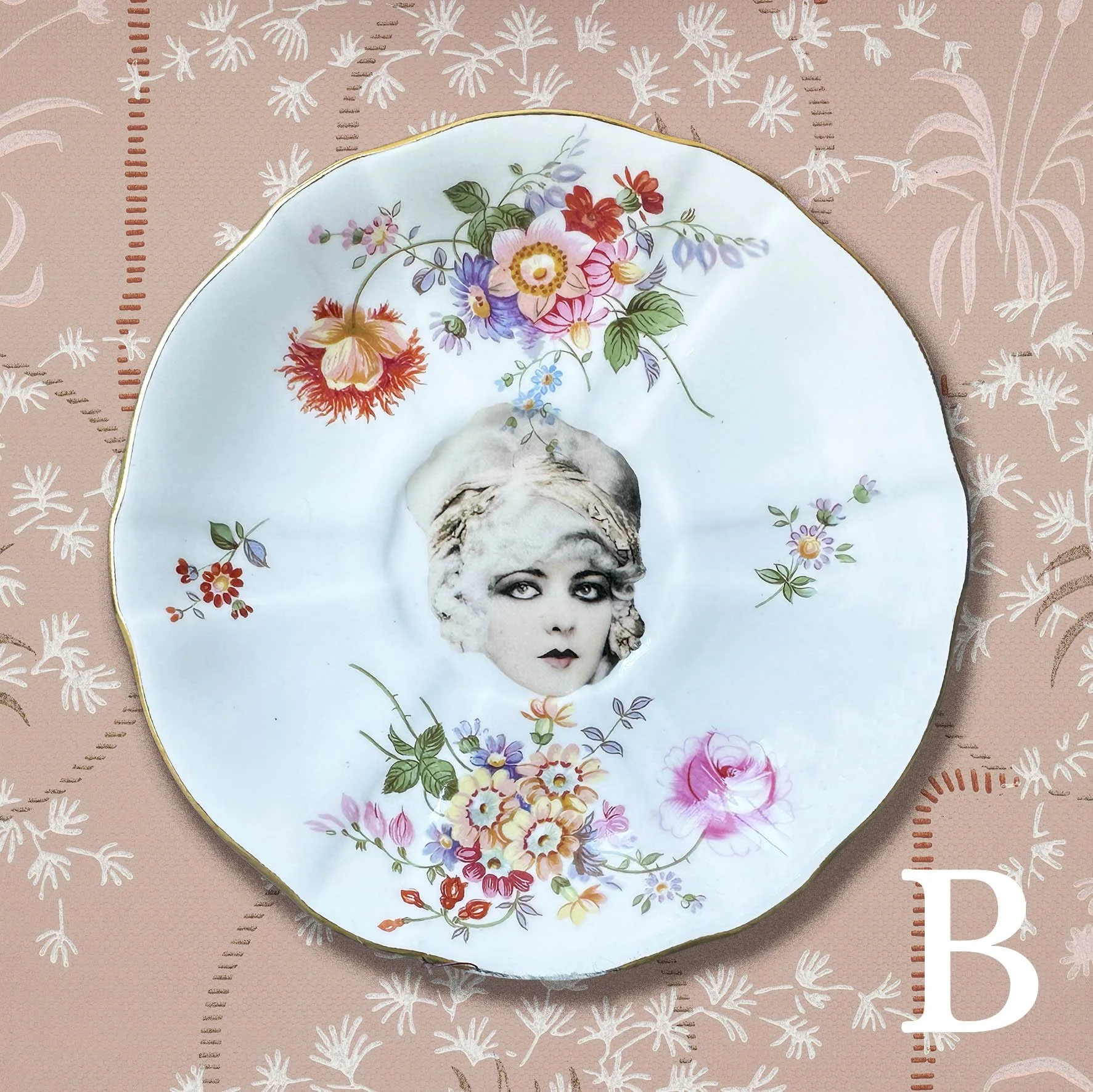 A vintage saucer with a picture of a 1920s woman