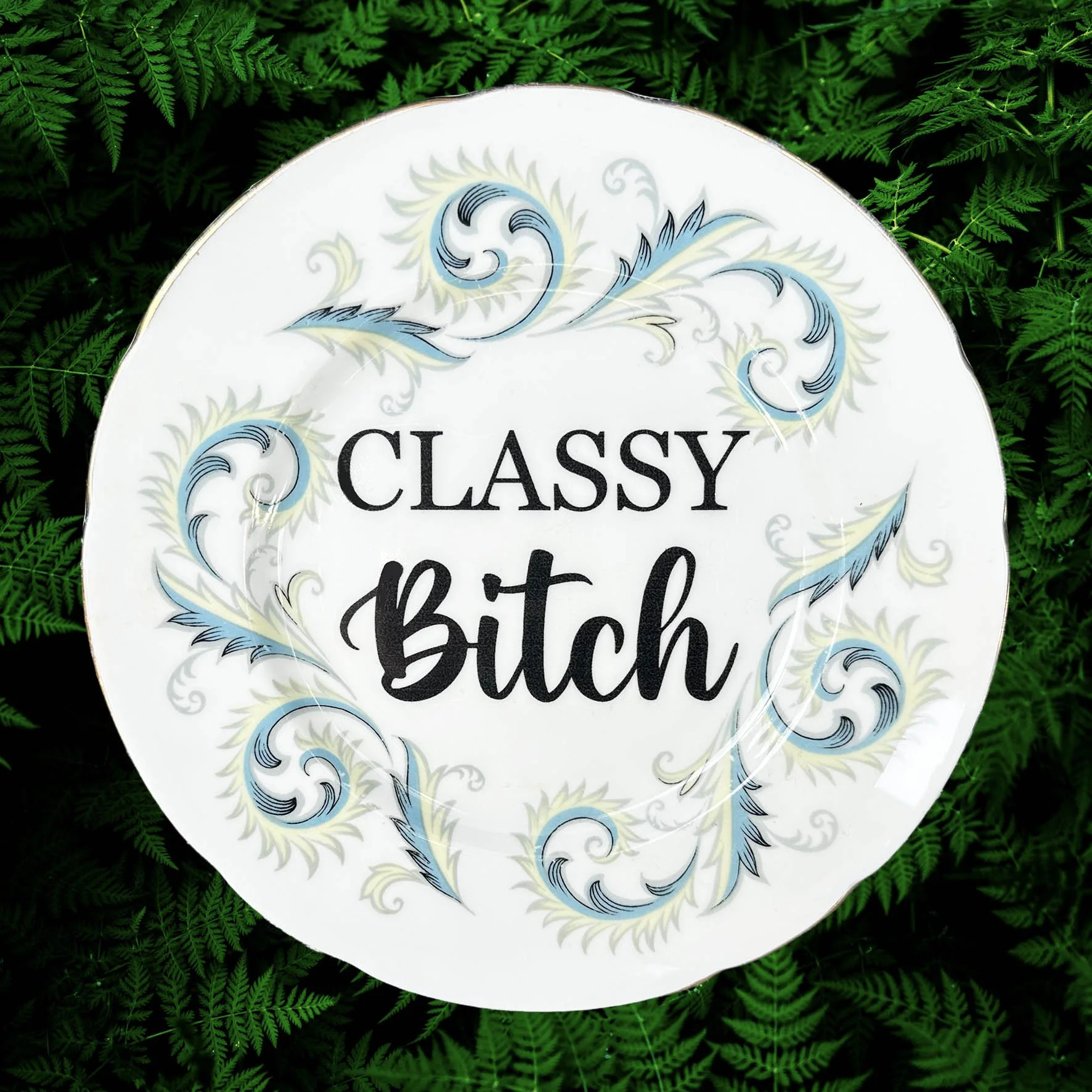 Decorative plates with quotes, a white plate with blue flowers and the phrase 'classy bitch' in black lettering