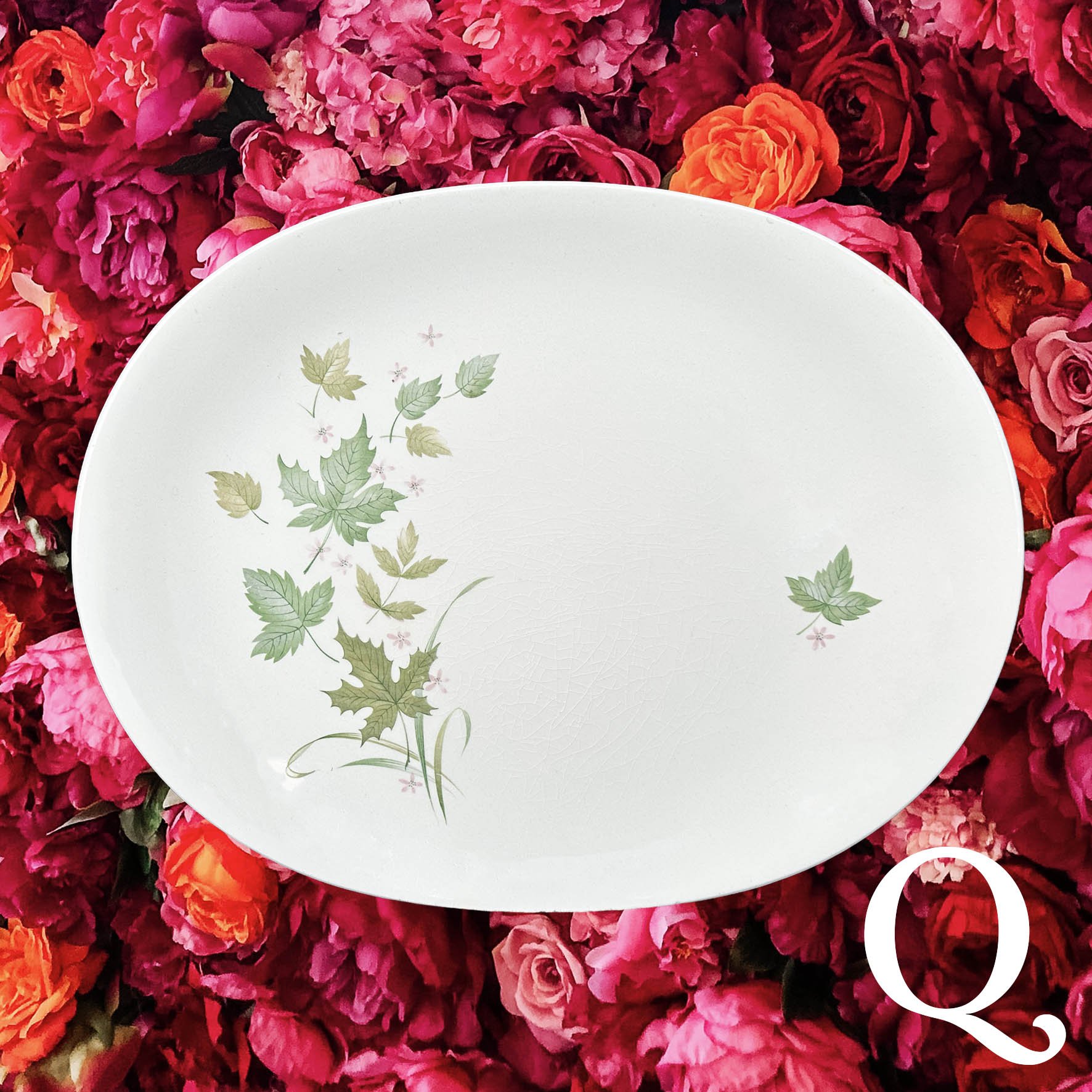 Plate Q, vintage plate with a green leaves design