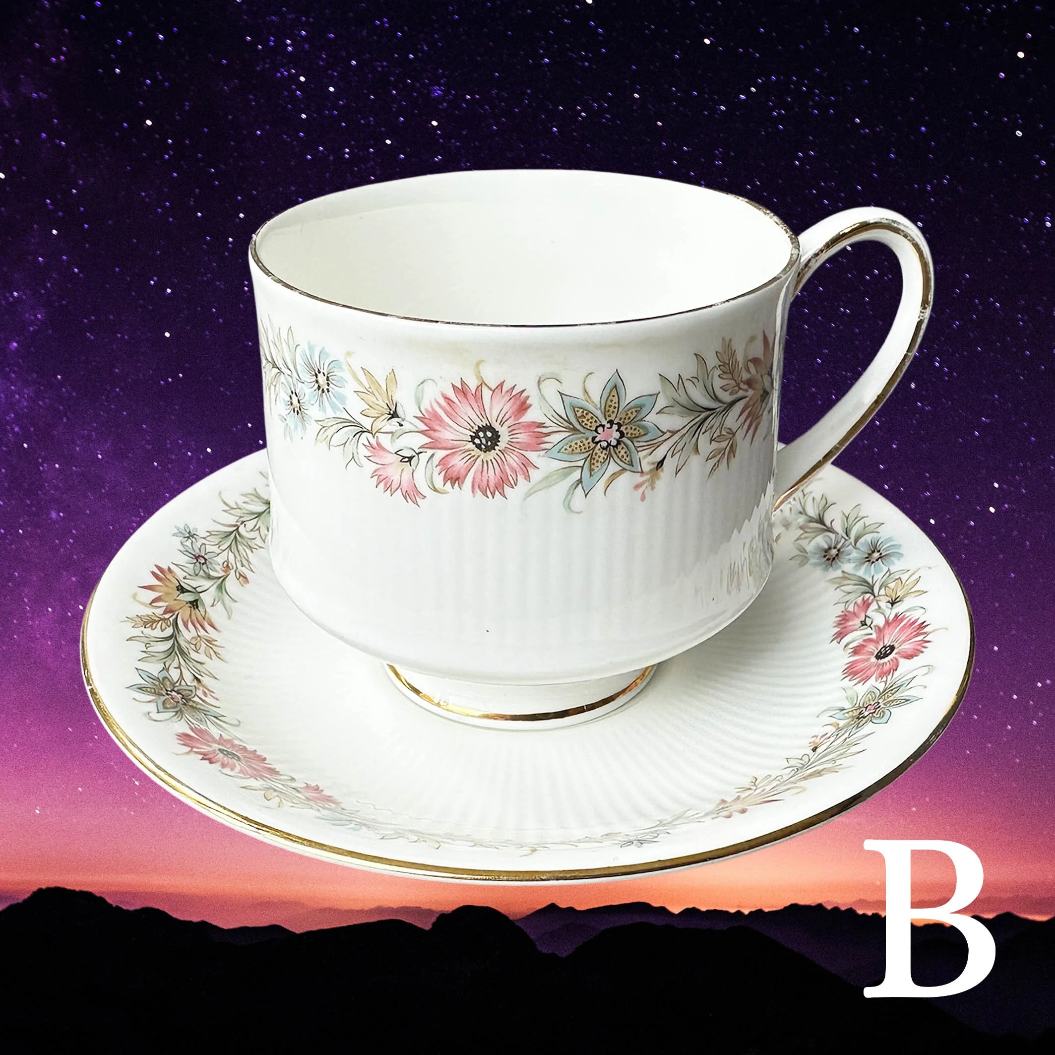 A vintage tea cup and saucer with a pink and blue floral design and the words “fabulous bitch” in black cursive writing