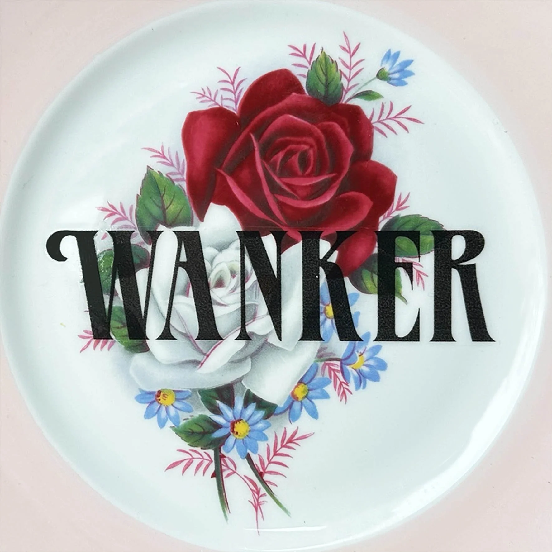 A vintage decorative wall plate with a red rose design and the word “wanker” in black lettering