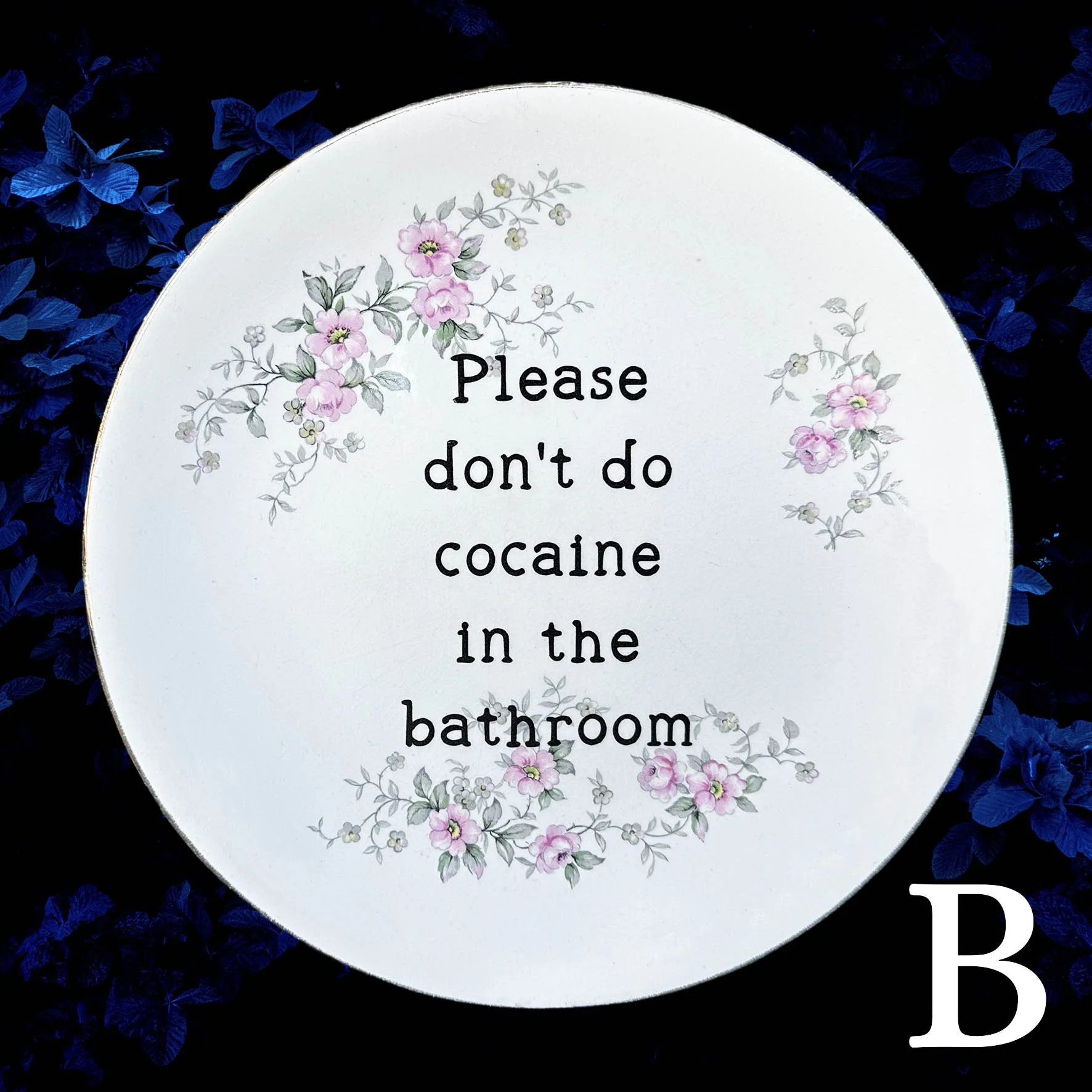 A vintage plate with pink flowers and the quote “please don’t do cocaine in the bathroom”