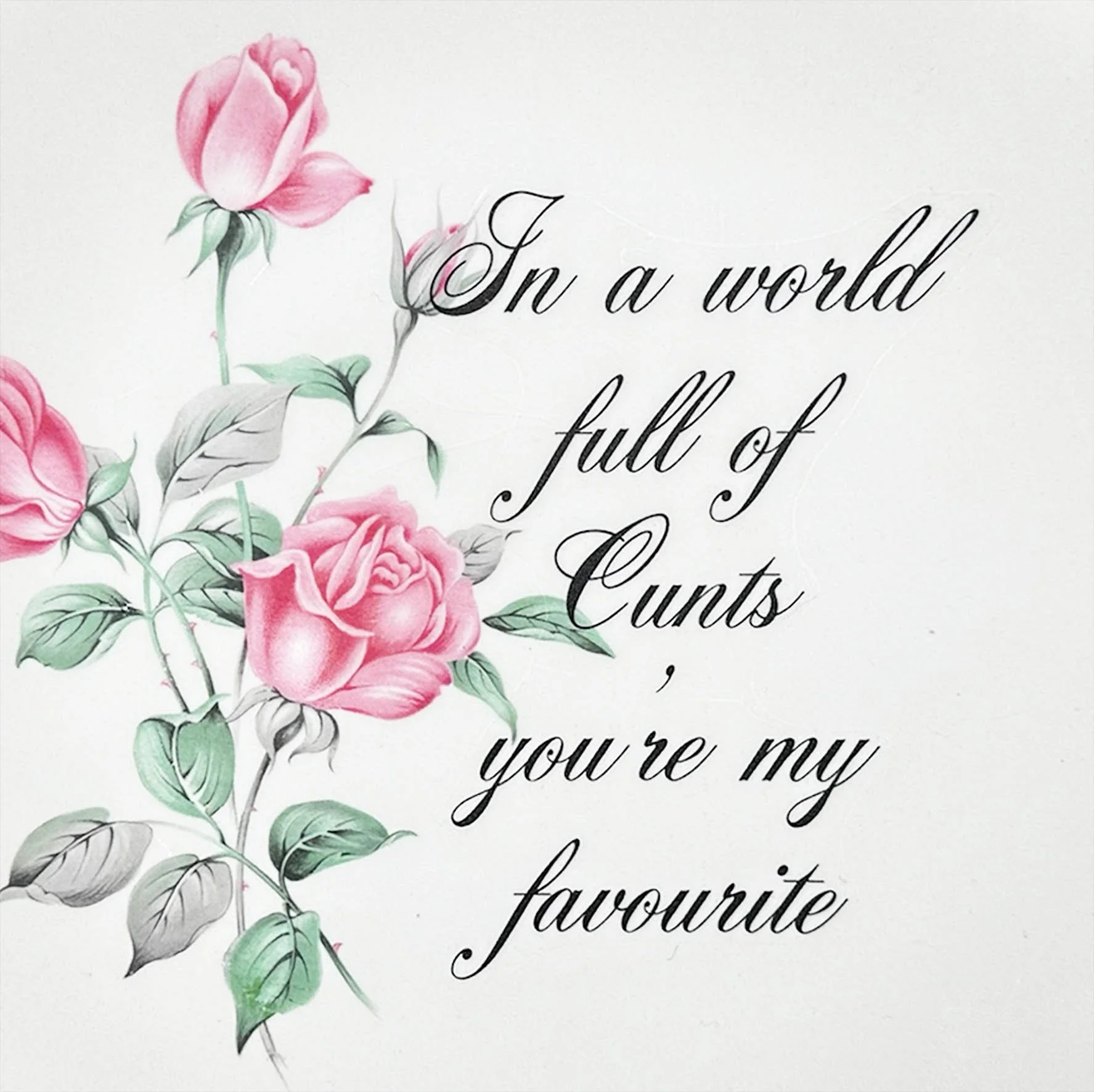A vintage plate with pink roses and the words "In a world full of cunts you're my favourite"