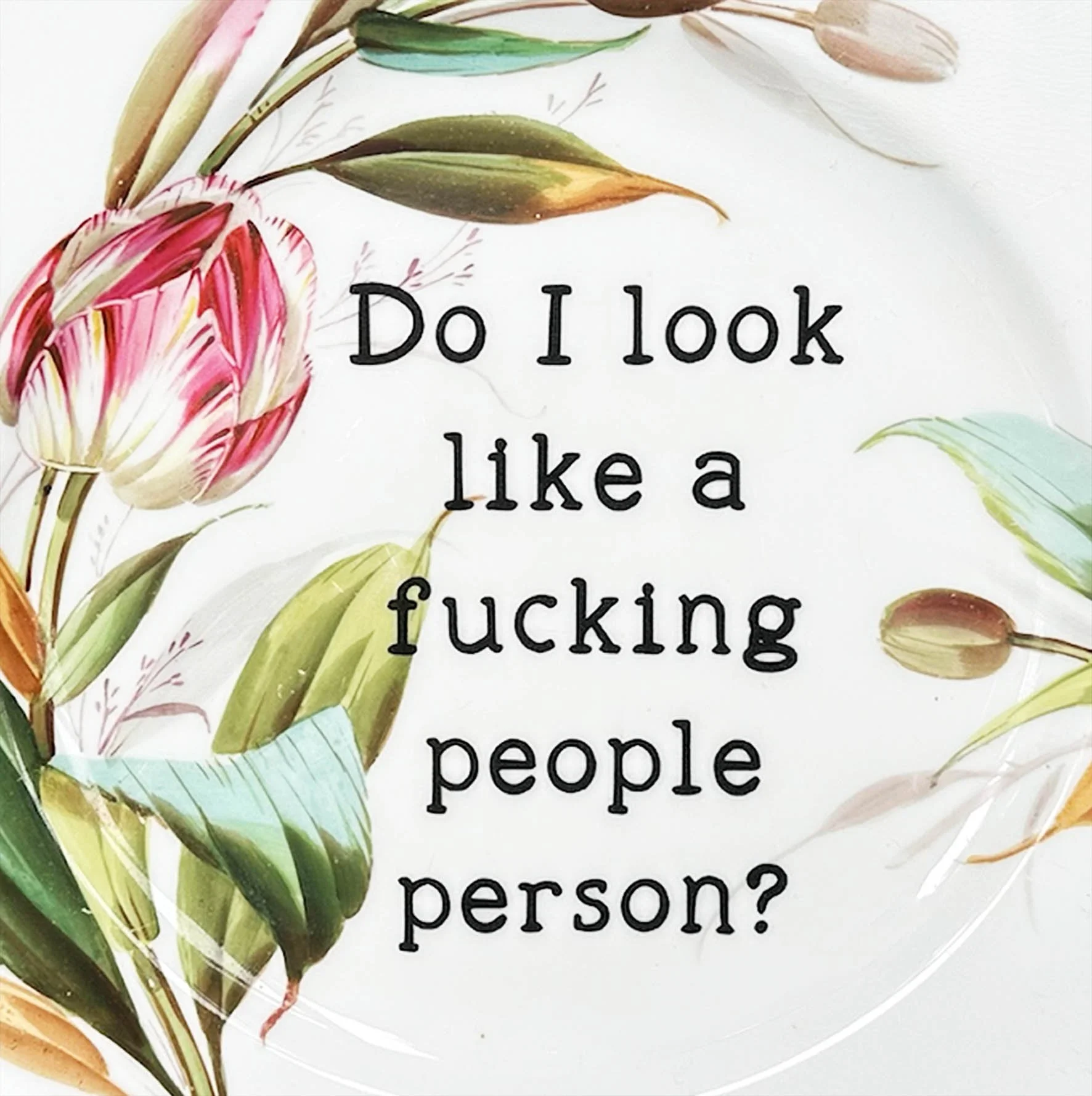 A vintage decorative wall plate with a floral design and the words “ do I look like a fucking people person?” In black typewriter style lettering