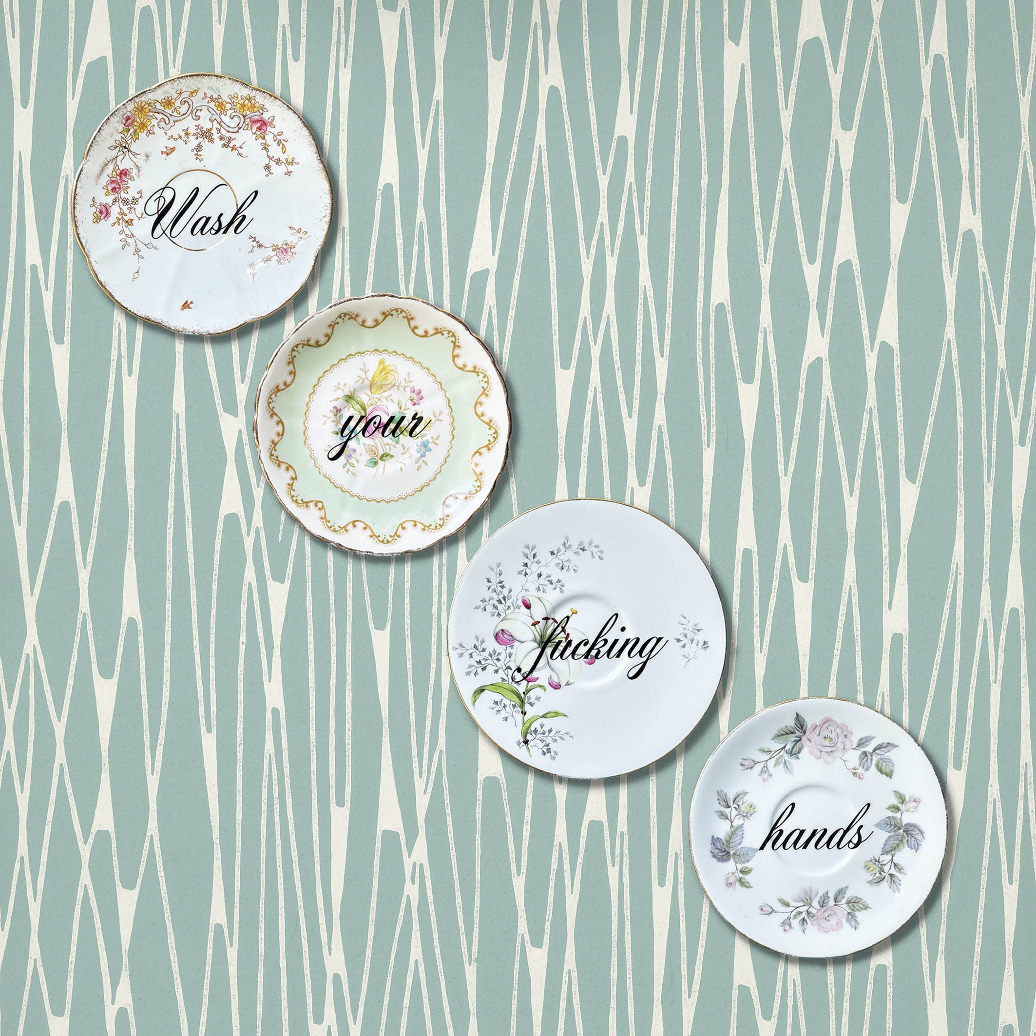 A saucer set to display on the wall with the quote “wash your fucking hands”