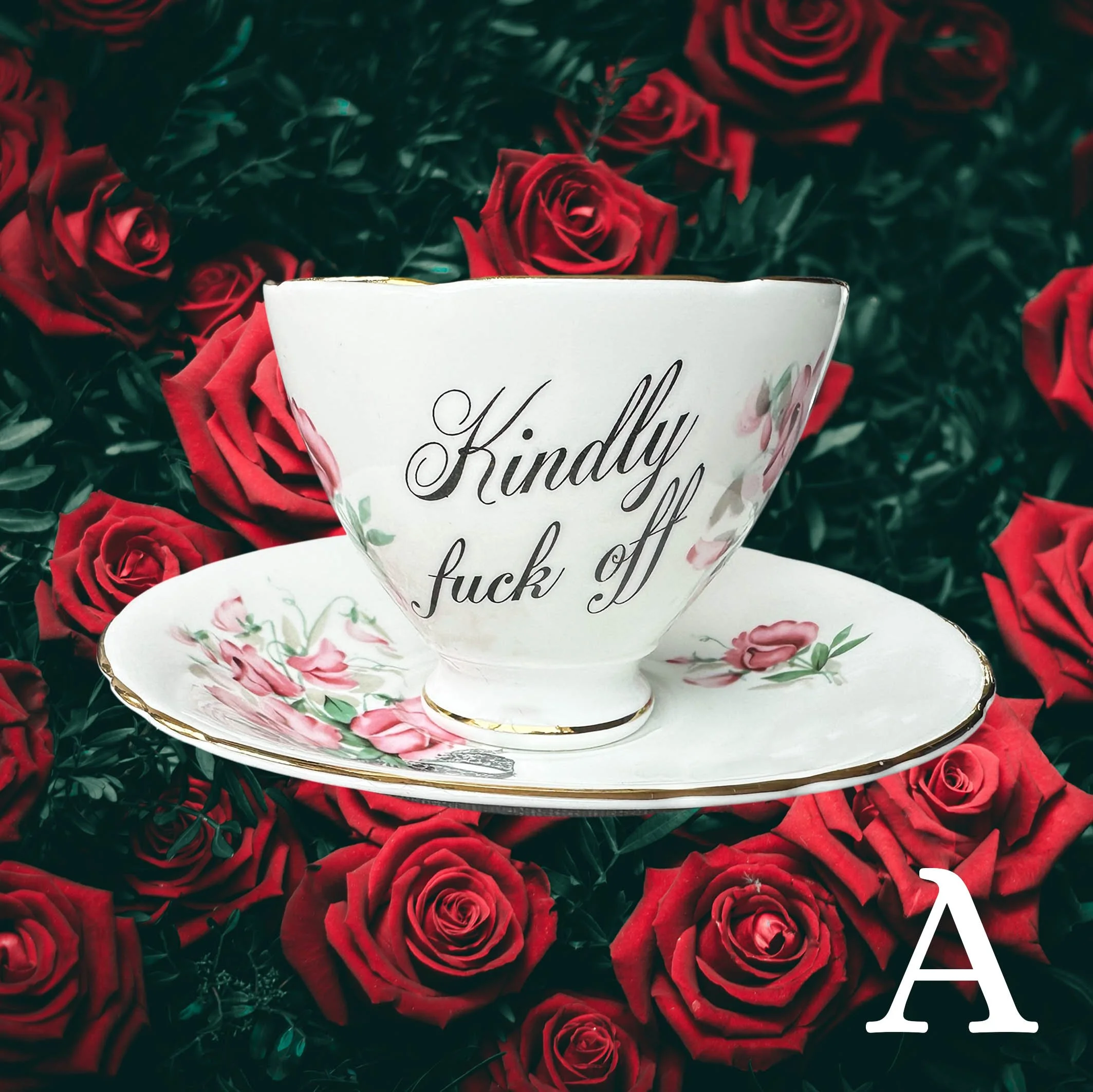 A vintage tea cup and saucer set with a pink floral design and the words "kindly fuck off" in black cursive writing