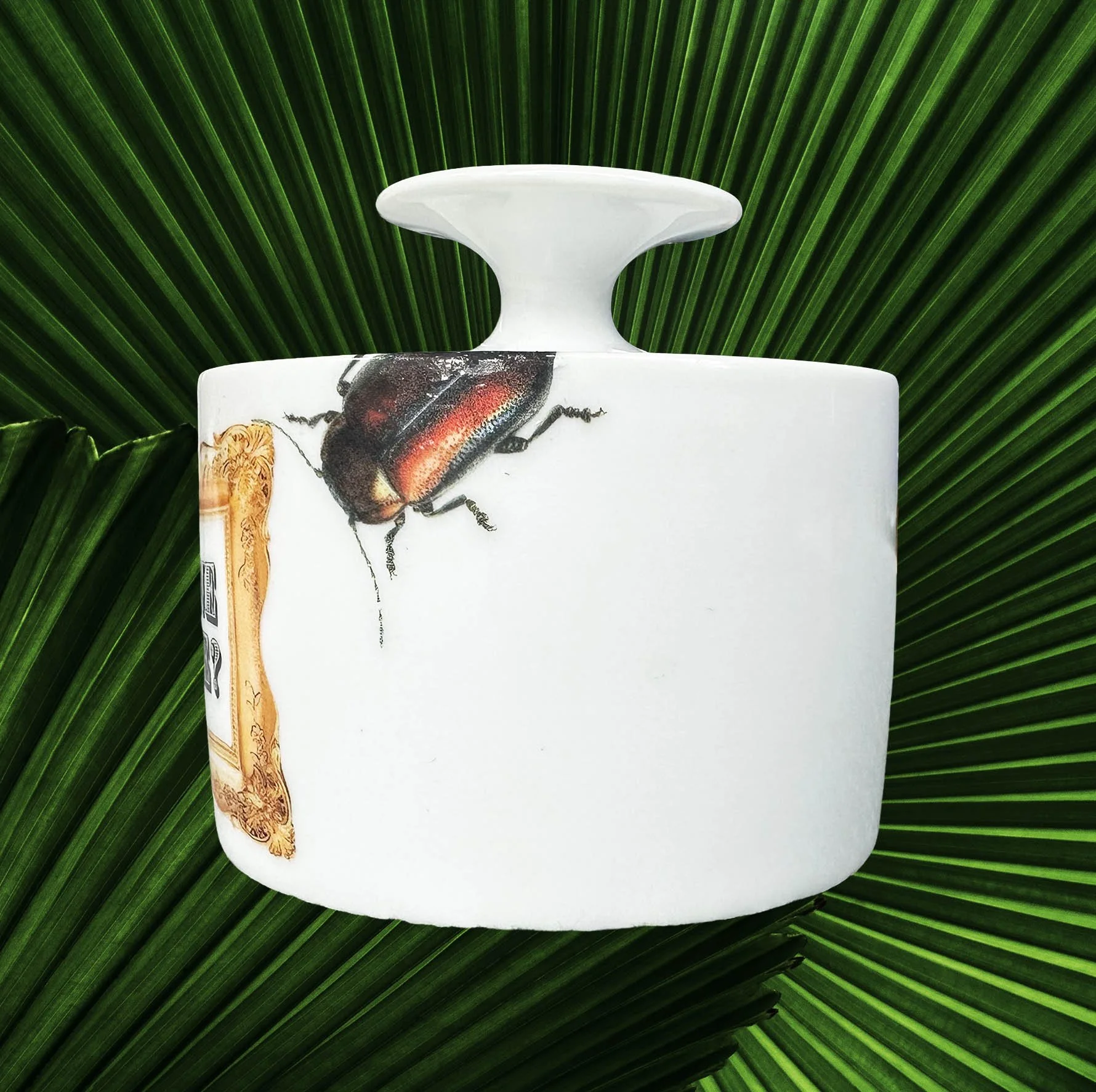 A vintage Thomas Germany sugar bowl with the words “cocaine anyone?” Inside a gold frame