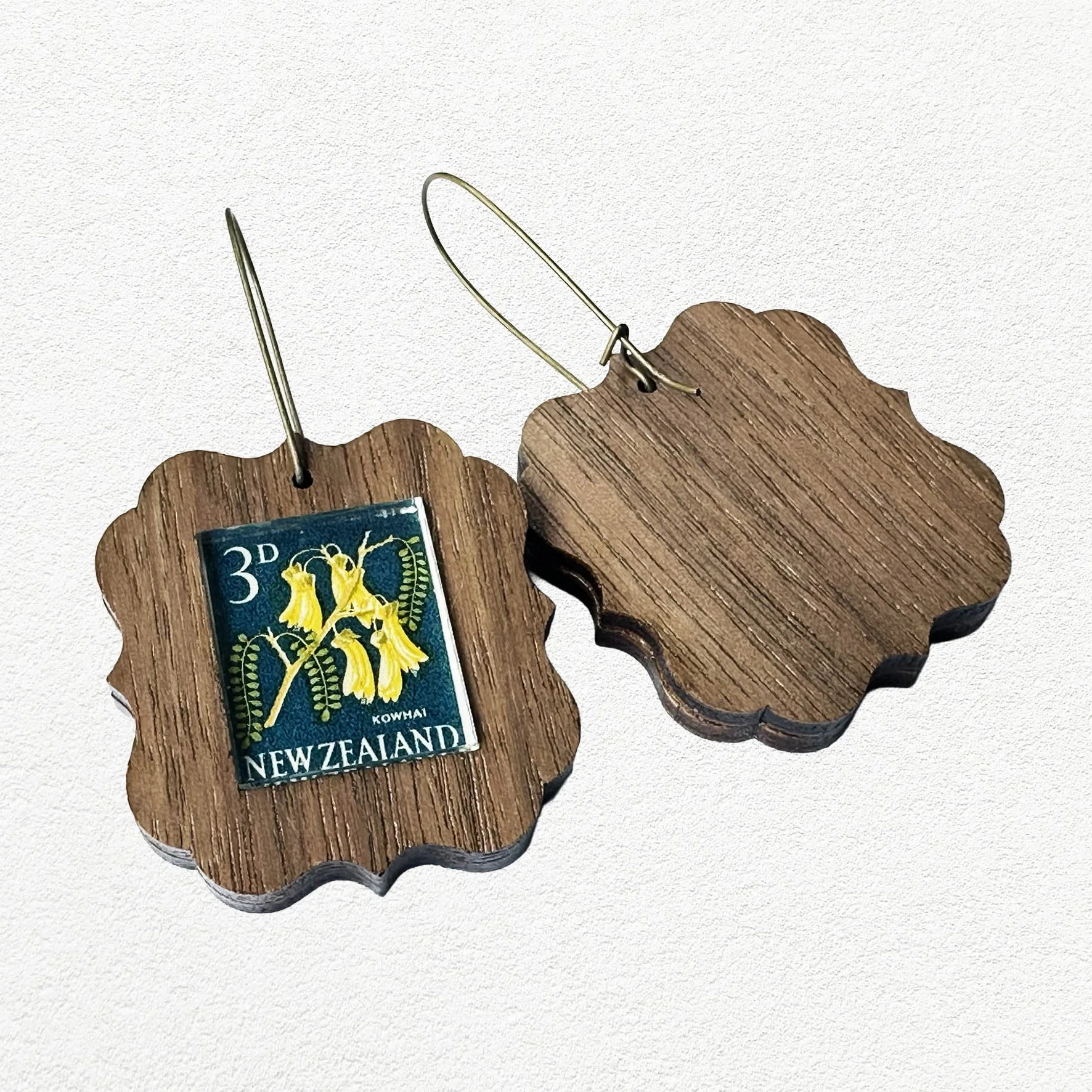 Wooden earrings featuring Kowhai New Zealand postage stamps