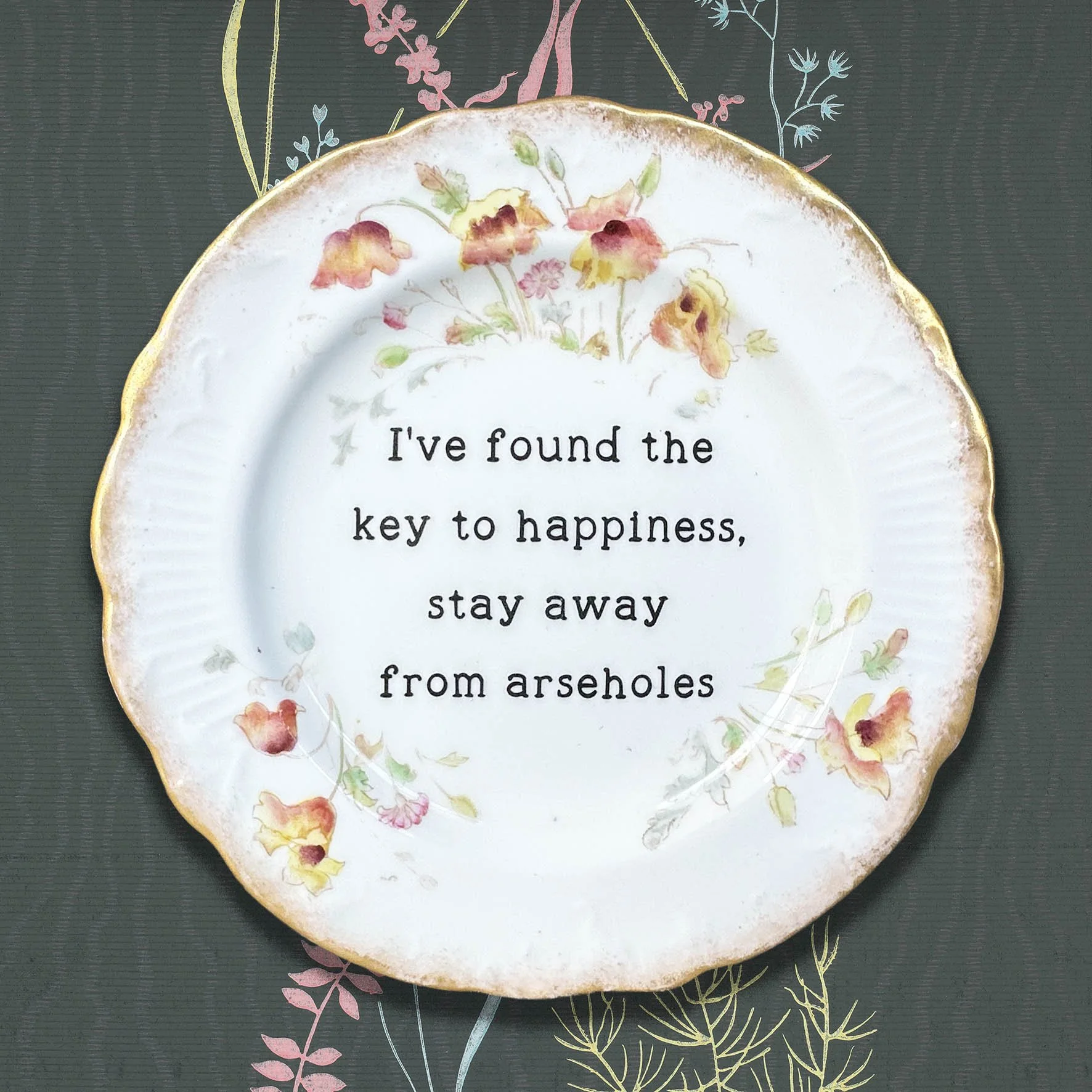 A vintage decorative plate with a quote “I’ve found the key to happiness, stay away from arseholes”