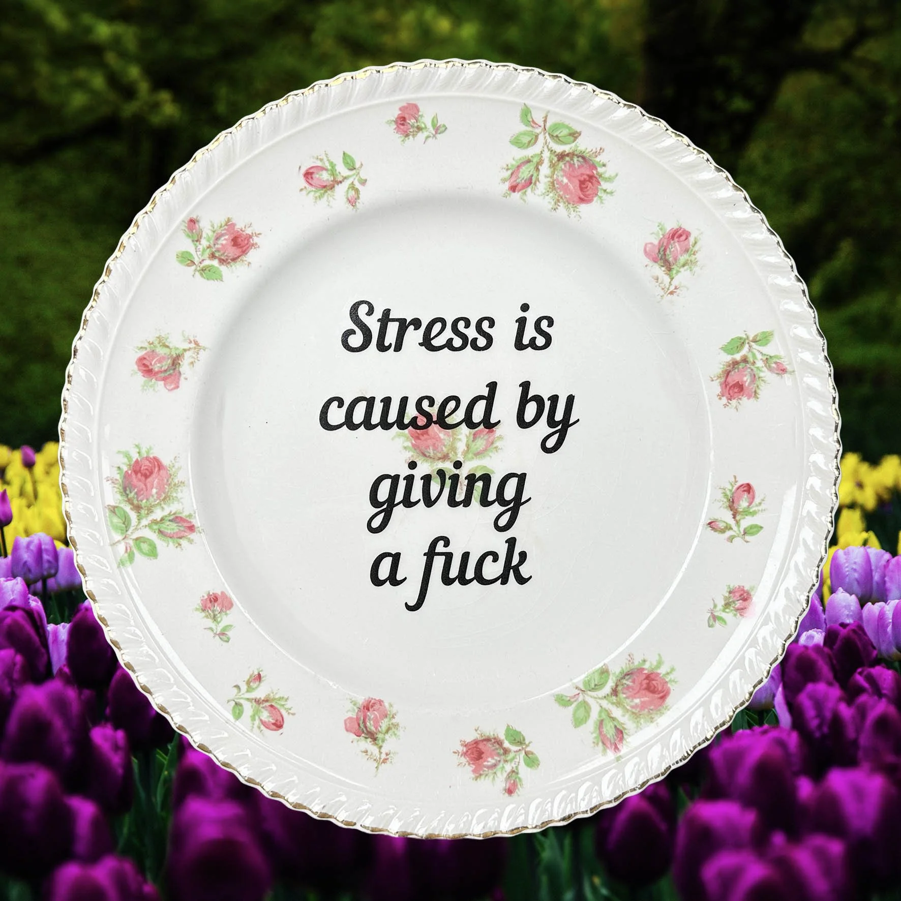 A vintage plate with pink roses and the quote “stress is caused by giving a fuck”
