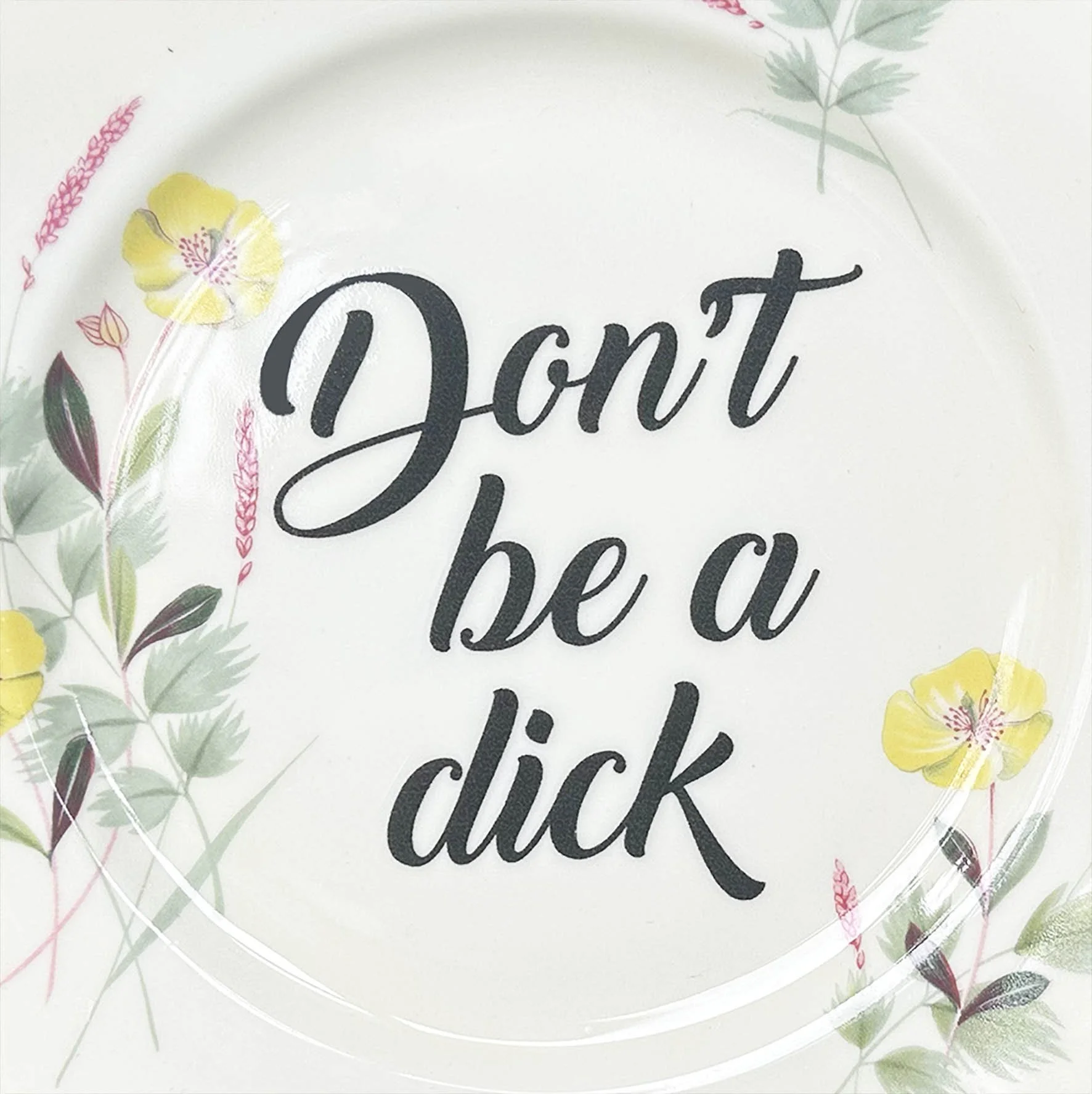 plate A: a vintage plate with a blue and yellow floral design with “don’t be a dick” in black writing