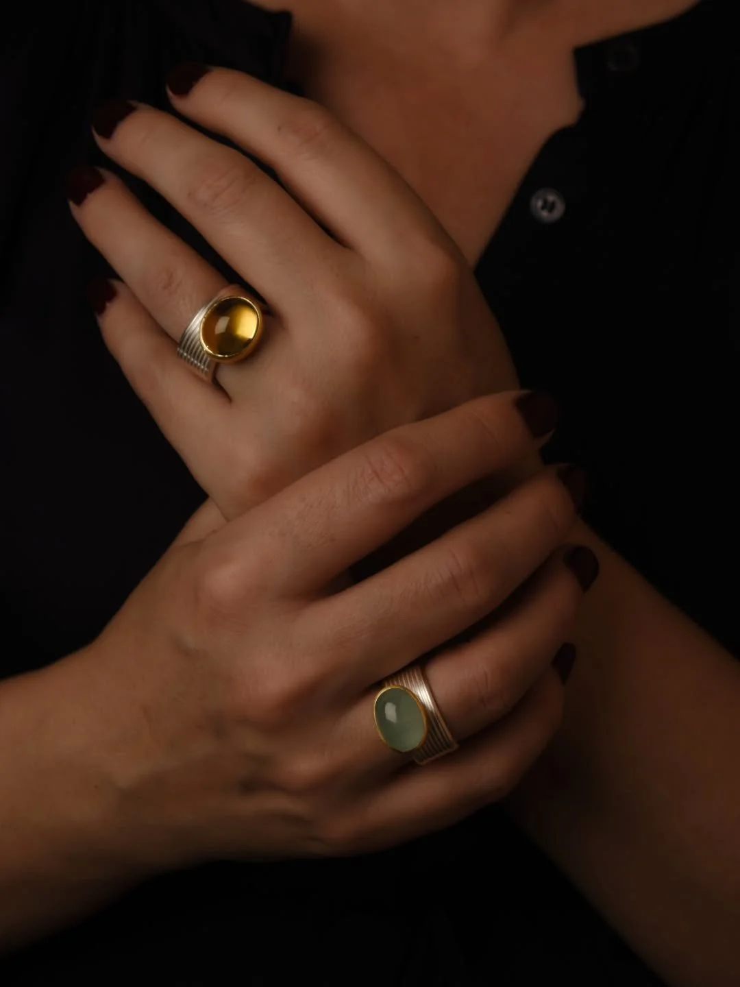 Statement ribbed rings in mixed metals. These beauties make a quiet impact,  no need to save them for best, their mix of sterling silver and 18ct gold is perfect for everyday. Set with soft, cloudy Aquamarine and warm, glowing yellow beryl.

#madebyh