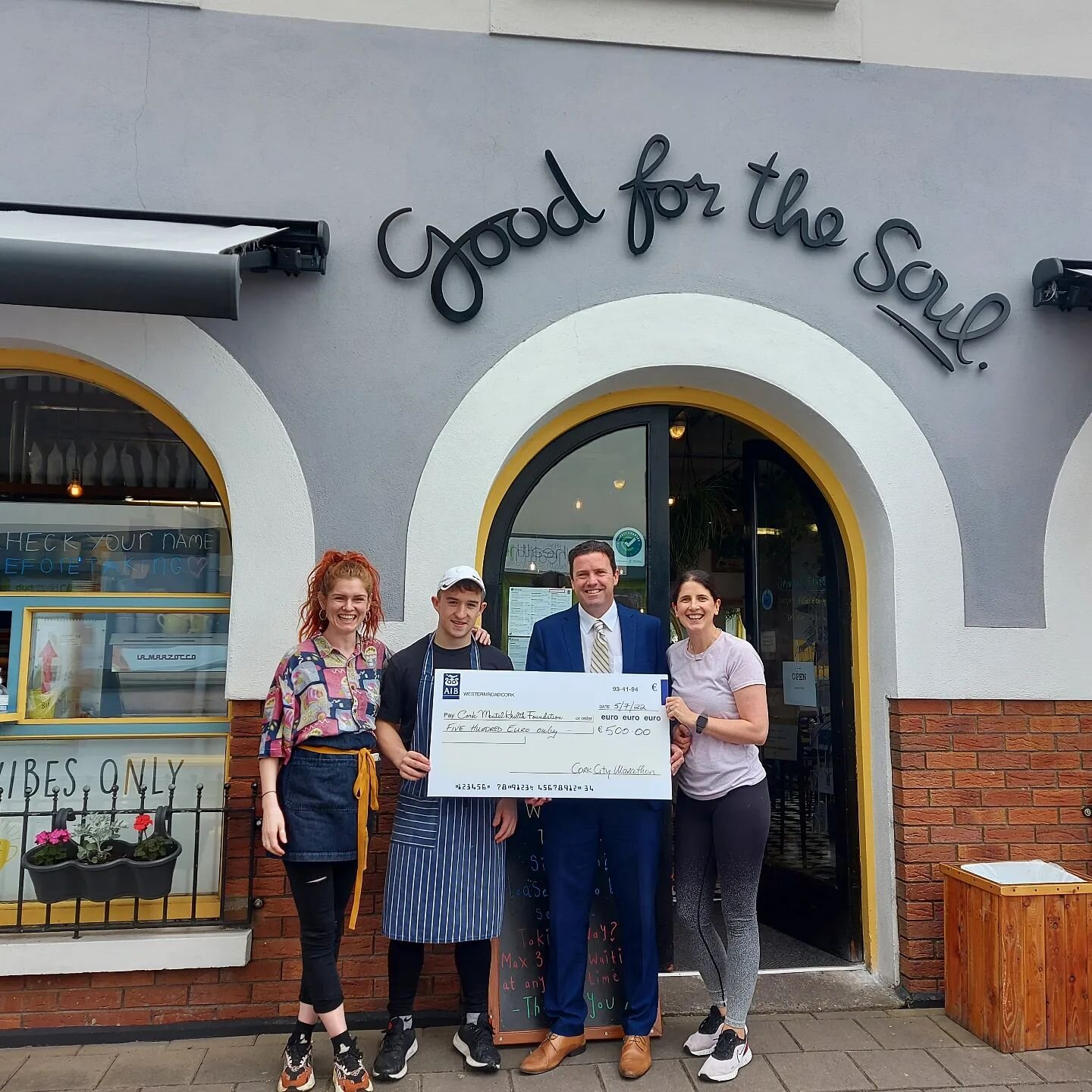 A lovely morning meeting Brendan from @corkmentalhealthfoundation. We're proud to donate &euro;500 on behalf of our fabulous crew who ran a relay in the @corkcitymarathon this year. Thanks for all the support! 💛