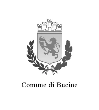 Stemma del Comune di Bucine con un leone alato e due rami sovrastato da una corona, con scritto "Comune di Bucine" sotto.