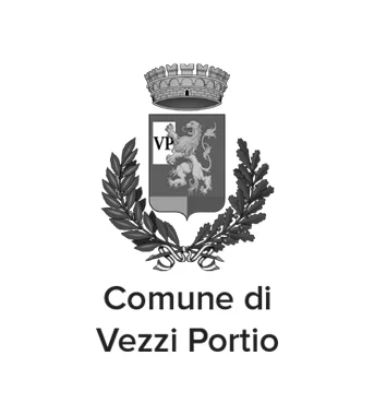 Stemma del Comune di Vezzi Portio con corona sopra e foglie di quercia e alloro