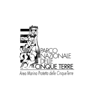 Logo del Parco Nazionale delle Cinque Terre con immagine stilizzata di una figura femminile e testo.