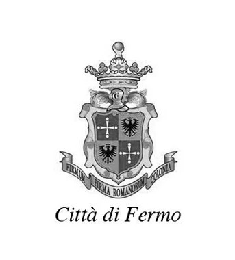 Scudo di armi di Fermo con una corona sopra, due aquile nere e uno sfondo con croci.