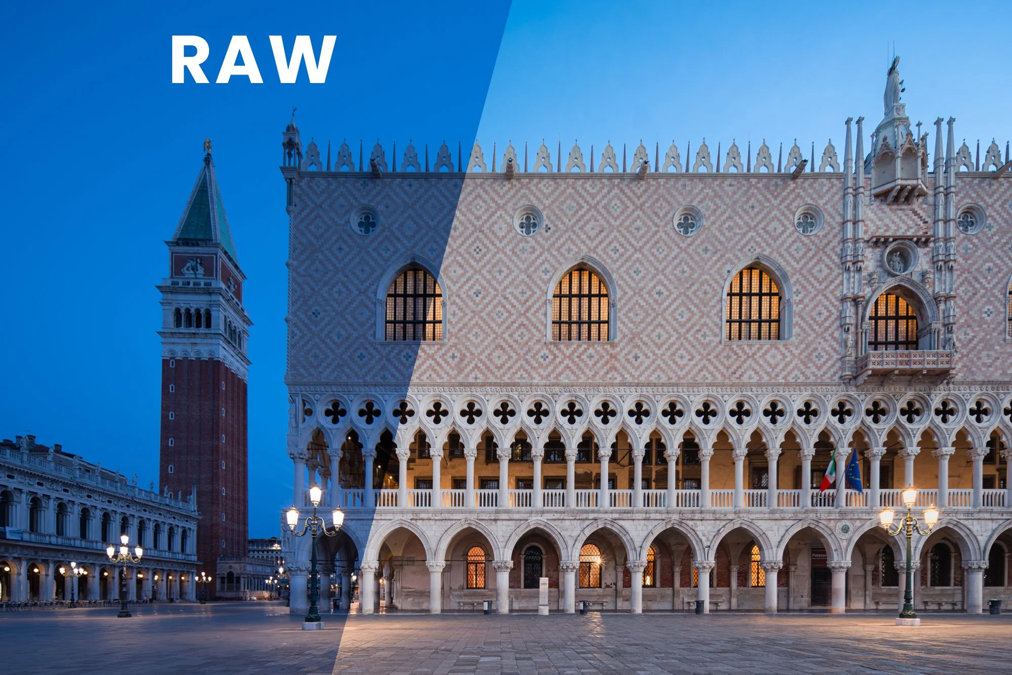 Immagine di Piazza San Marco a Venezia, con la facciata del Palazzo Ducale illuminata e la torre di Palazzo ducale visibile sullo sfondo, divisa tra l'effetto originale e un'alterazione con diversa qualità di luce.