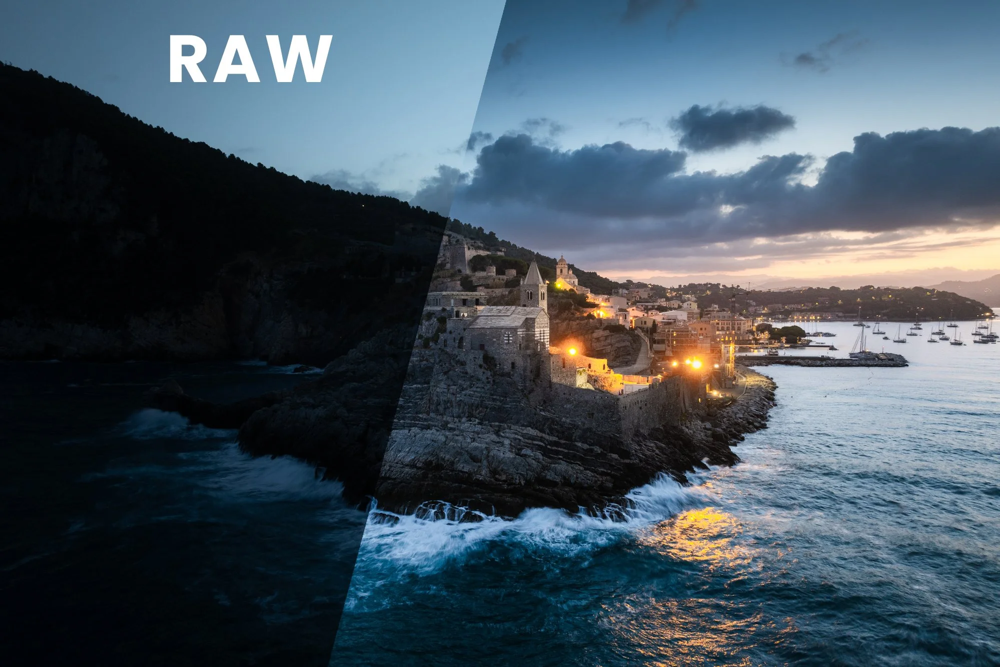 Una foto di sera di un villaggio costiero con case illuminate e un cielo nuvoloso, con parte dell'immagine in scala di grigi e parte a colori, con la scritta 'RAW' sovrapposta.