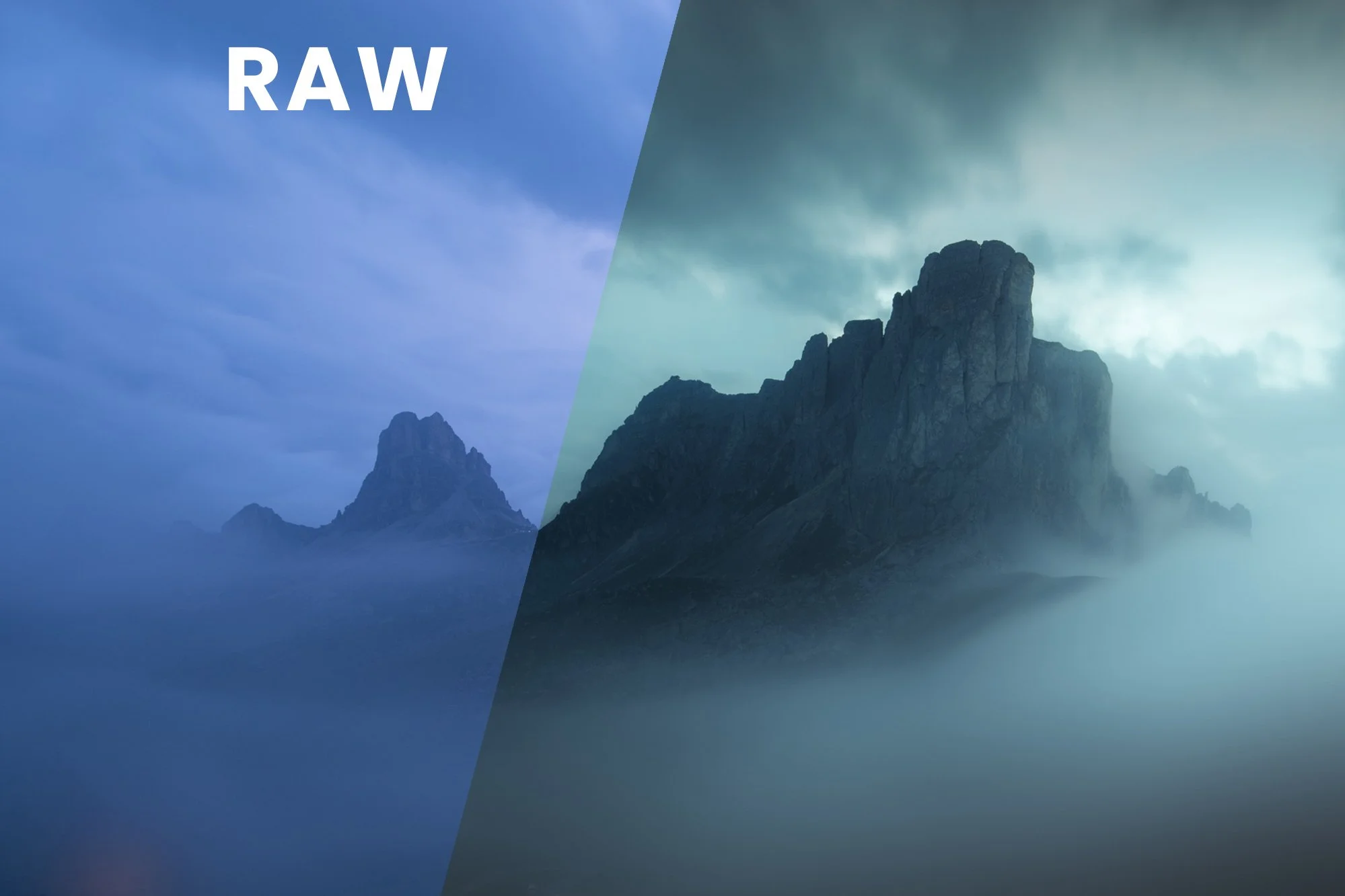 Immagine divisa a metà con la parola 'RAW' sulla sinistra e una montagna avvolta nella nebbia sulla destra
