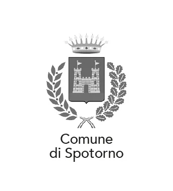 Stemma del Comune di Spotorno con una corona, due rami di alloro e un testo