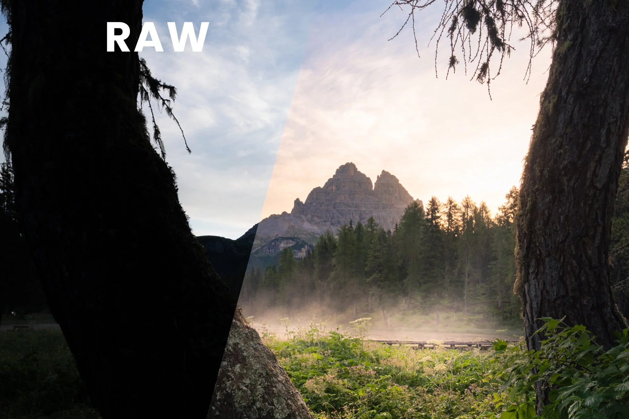 Immagine di paesaggio naturale con montagne, alberi e un cielo al tramonto, con metà della foto in modalità RAW e l'altra metà in modalità normale.