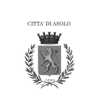 Emblema della città di Asolo con uno scudo, un leone rampante e una corona sopra, circondato da una fogliame decorativo.