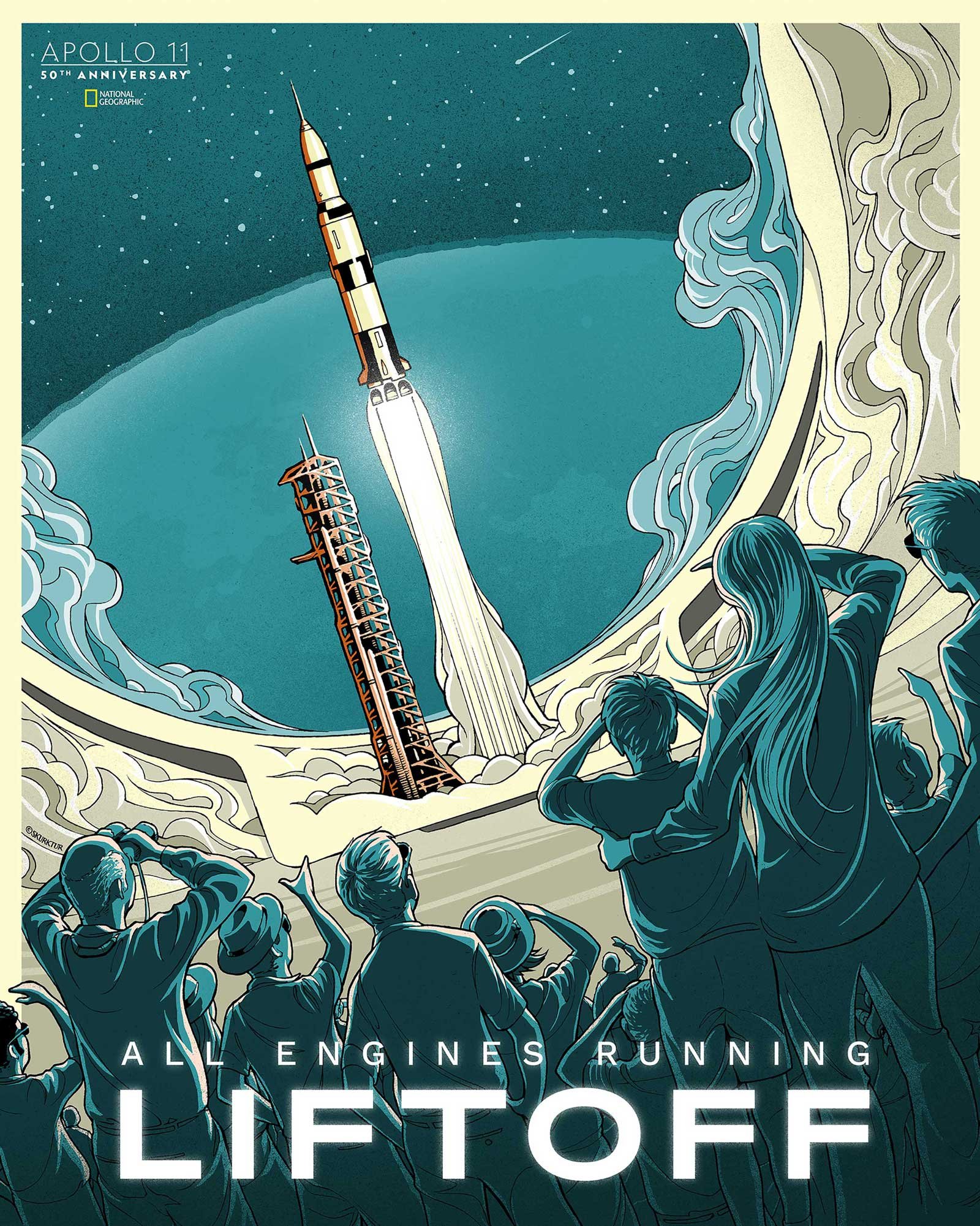 Illustrated poster for National Geographic, celebrating the 50th anniversary of the first Moon landing. 11 artists were asked to create 11 artworks commemorating the anniversary of the Apollo 11 mission.