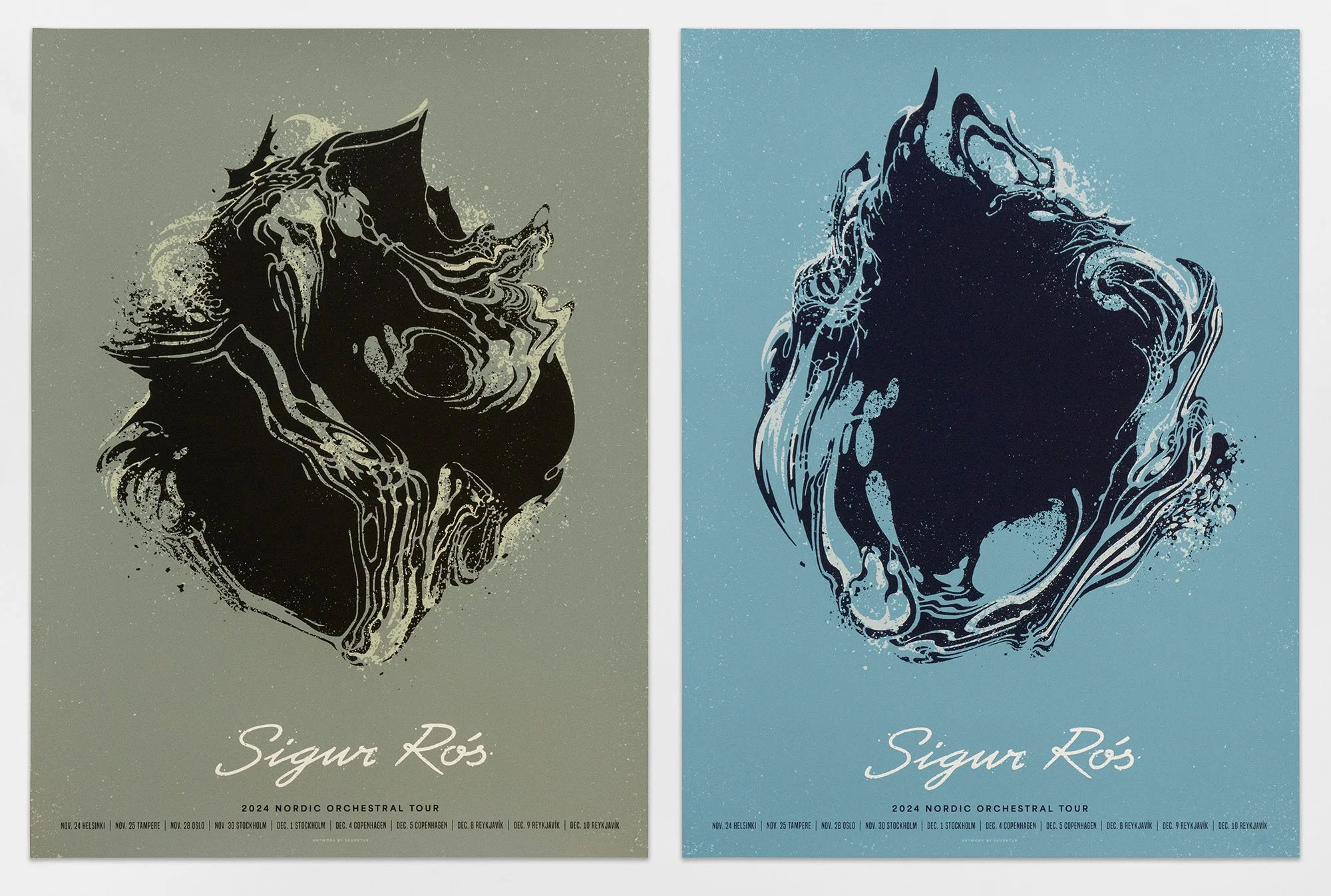Two concert posters for Sigur Rós, part of the 2024 Nordic Orchestral Tour, with abstract, swirling artwork. The left poster features an olive green background, while the right has a light blue background.