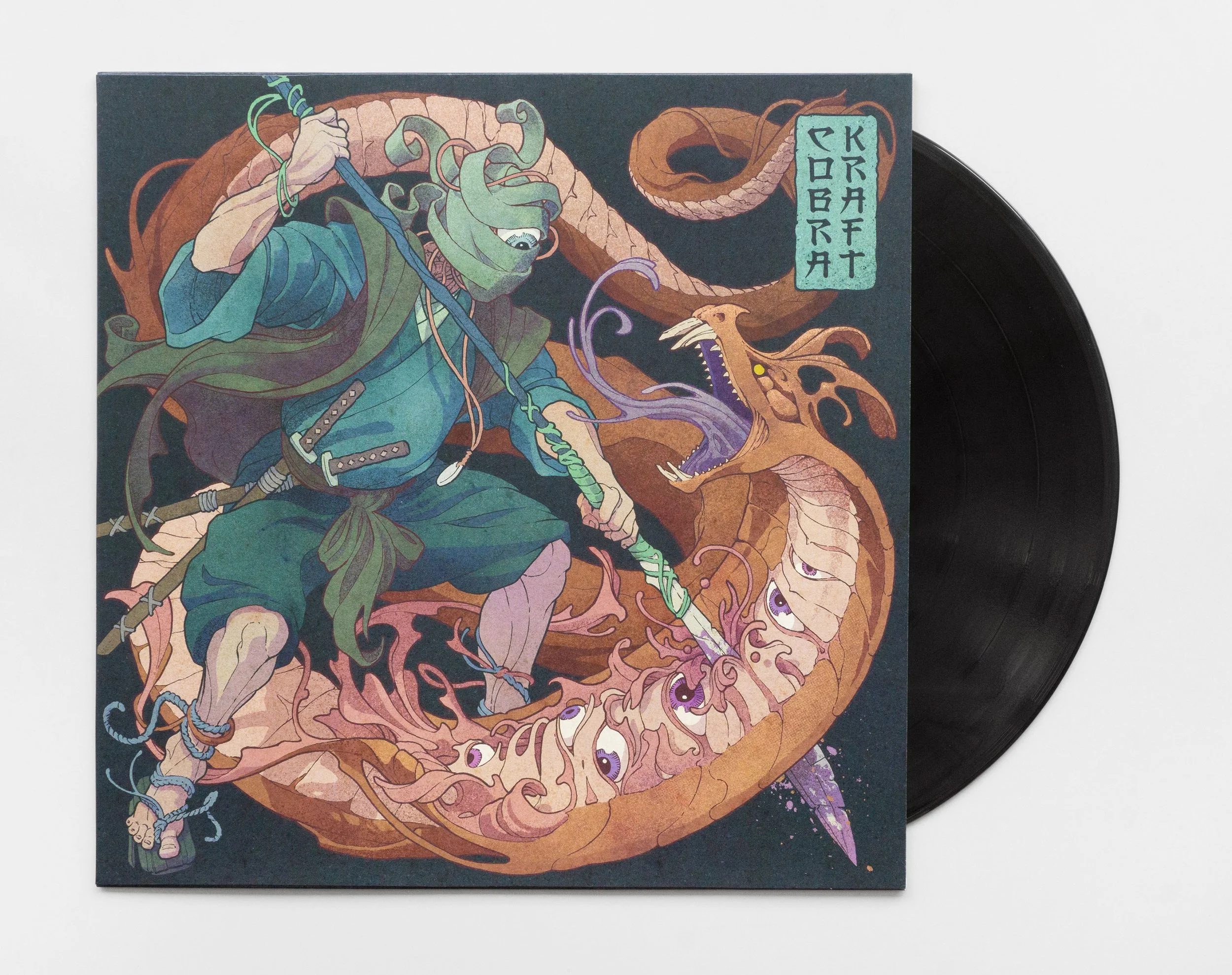 Illustrated album cover featuring a green humanoid figure with tentacle-like hair holding a staff, battling a large, multicolored dragon with multiple eyes, set against a dark background. Text on the cover reads 'Kraft Cobra'.