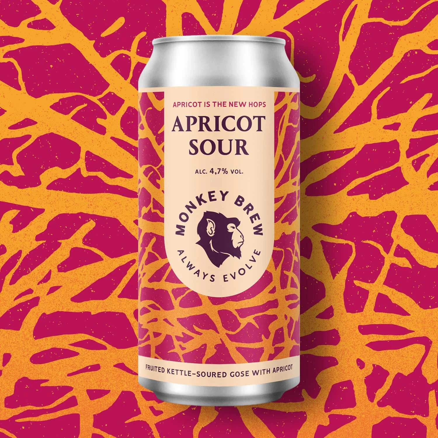 A can of Apricot Sour beverage from Monkey Brew, with a purple and orange abstract background resembling apricot slices or fruit patterns.