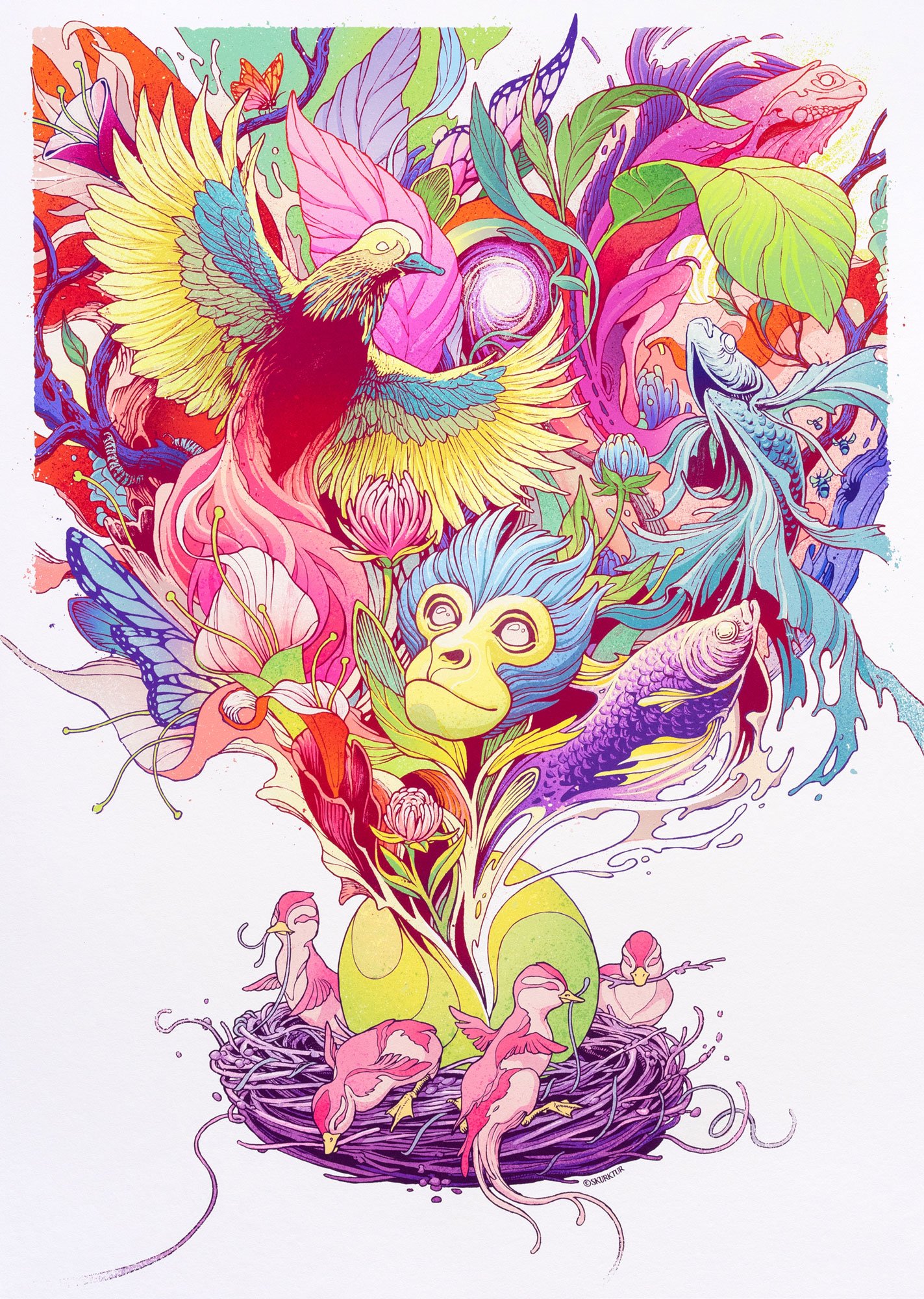 Colorful illustration of a bird, a monkey, fish, and chicks, surrounded by flowers and leaves, with a nest at the bottom.