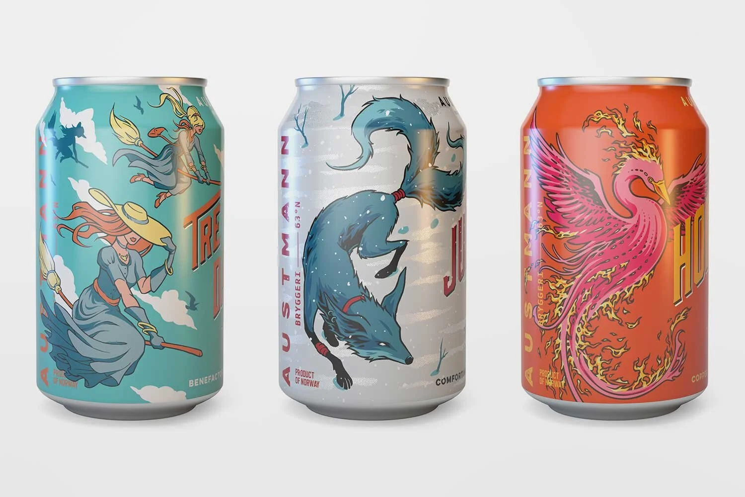 Three cans of beer with Scandinavian-inspired artwork featuring a flying witch on the first can, a wolf on the second can, and a fiery peacock on the third can.