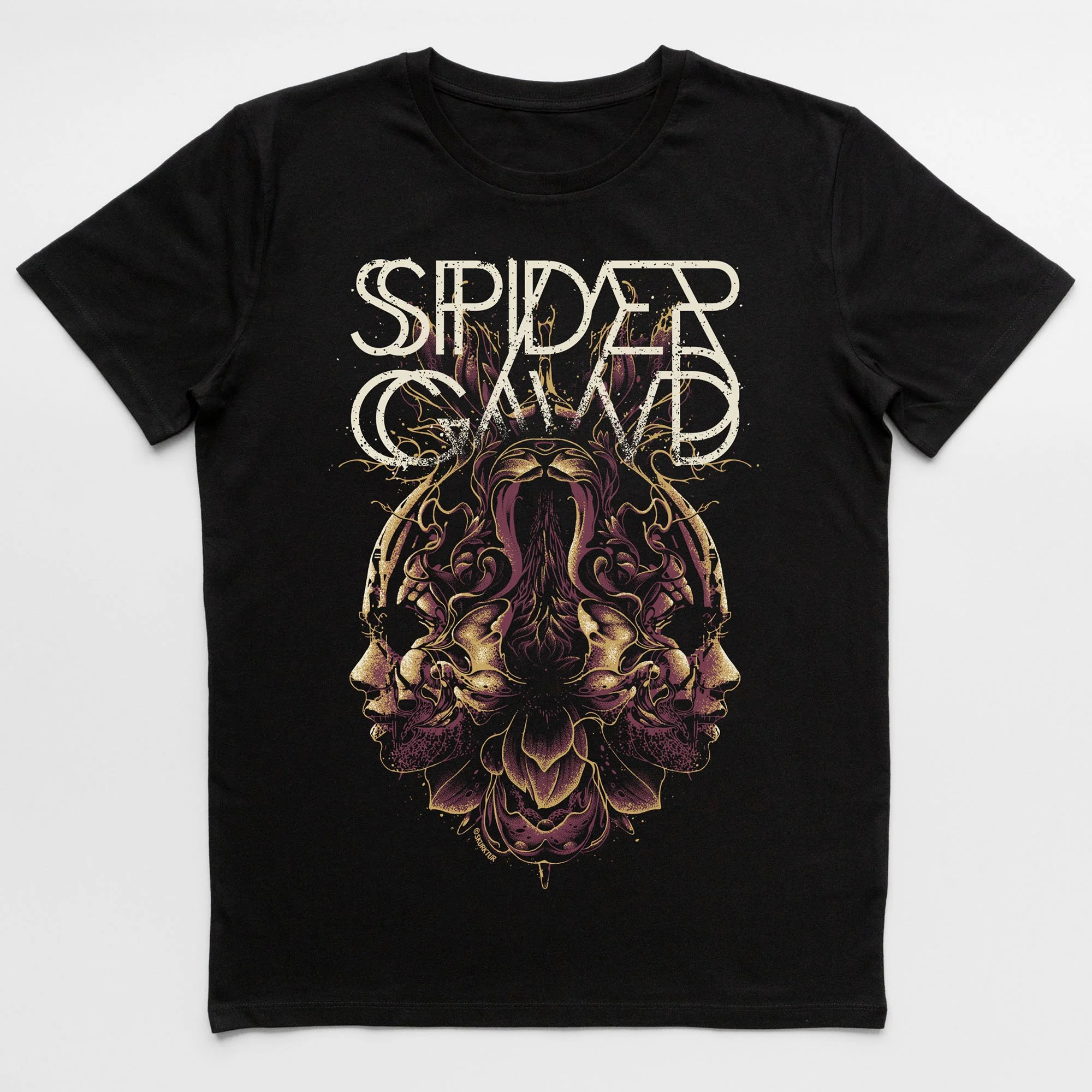 Black T-shirt with a graphic design of a stylized lion's head blending into a dragon and snake, with the words "SPIDER SANG" in bold, distressed font at the top.