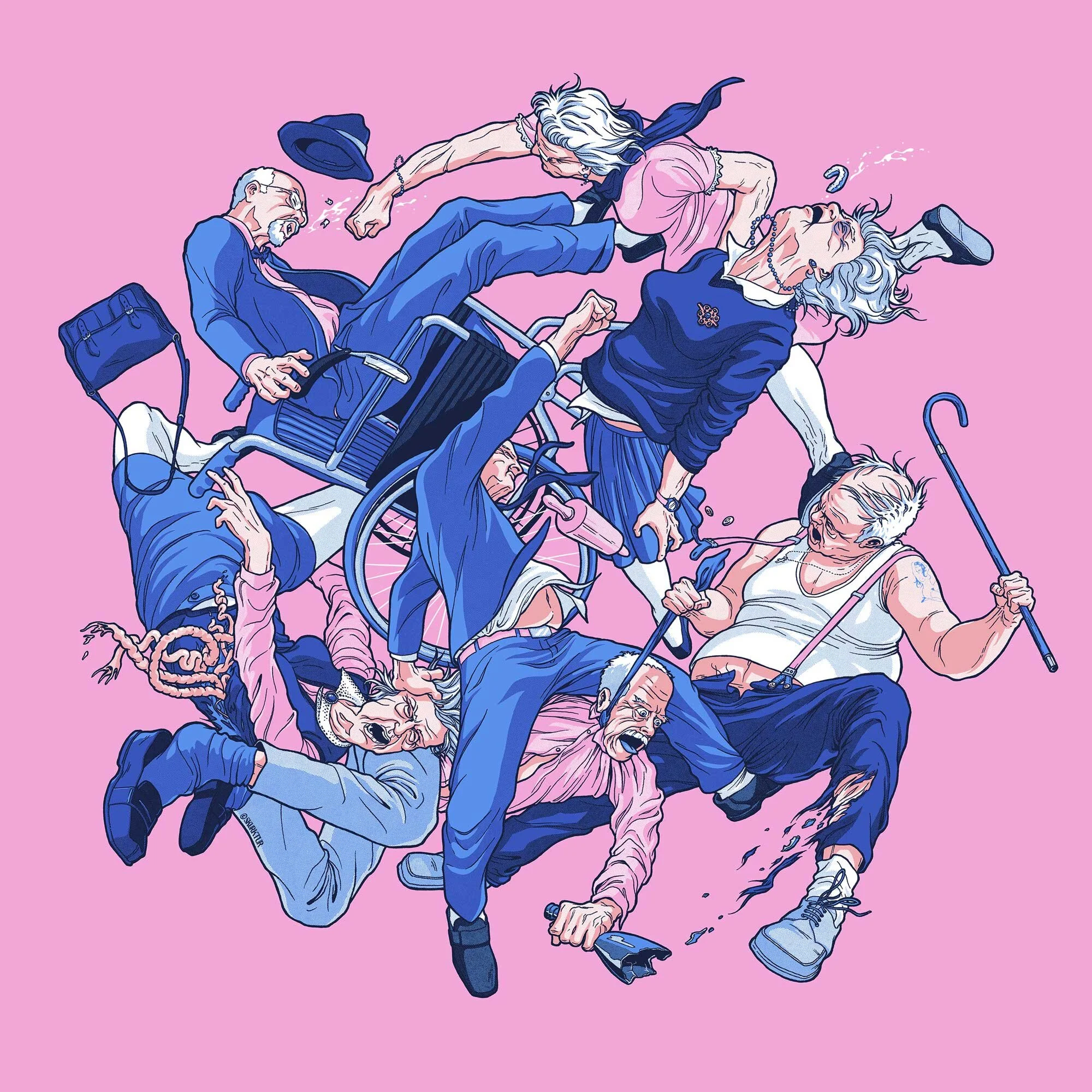 Cartoon illustration of elderly people fighting on a pink background, with some falling and others wielding canes and walking sticks.