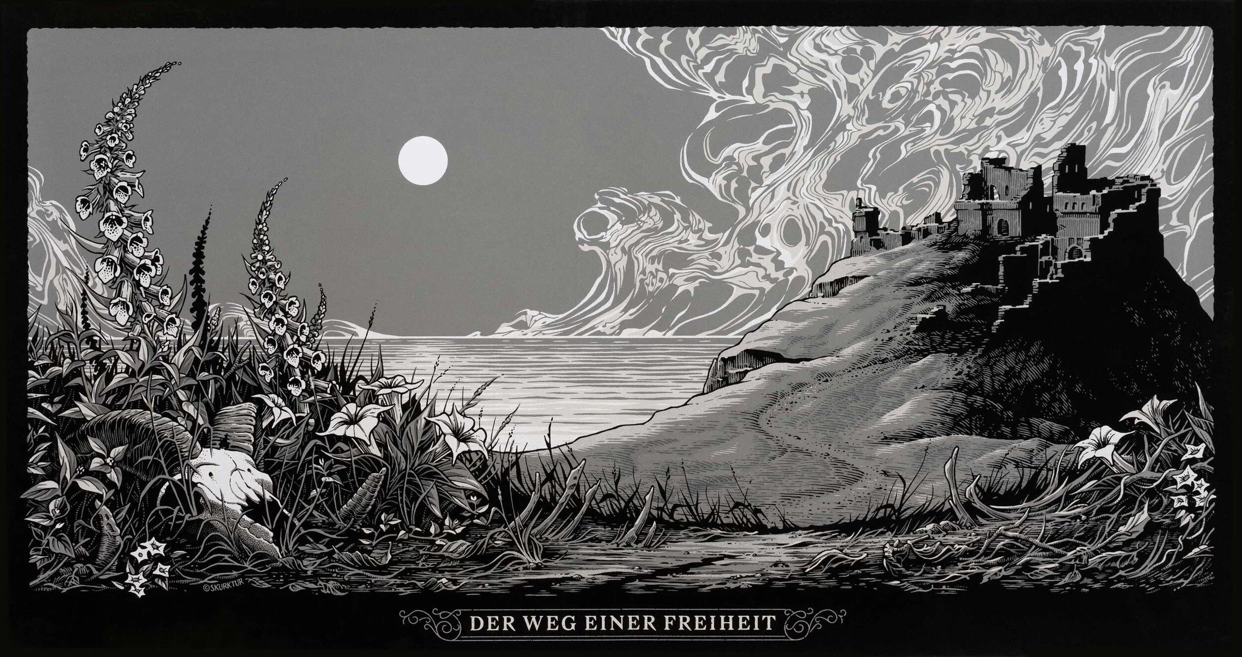 Black and white illustration of a landscape with a castle on a hill, a full moon in the sky, and wildflowers and plants in the foreground. The scene has a surreal, smoky sky and the text 'DER WEG EINER FREIHEIT' at the bottom.