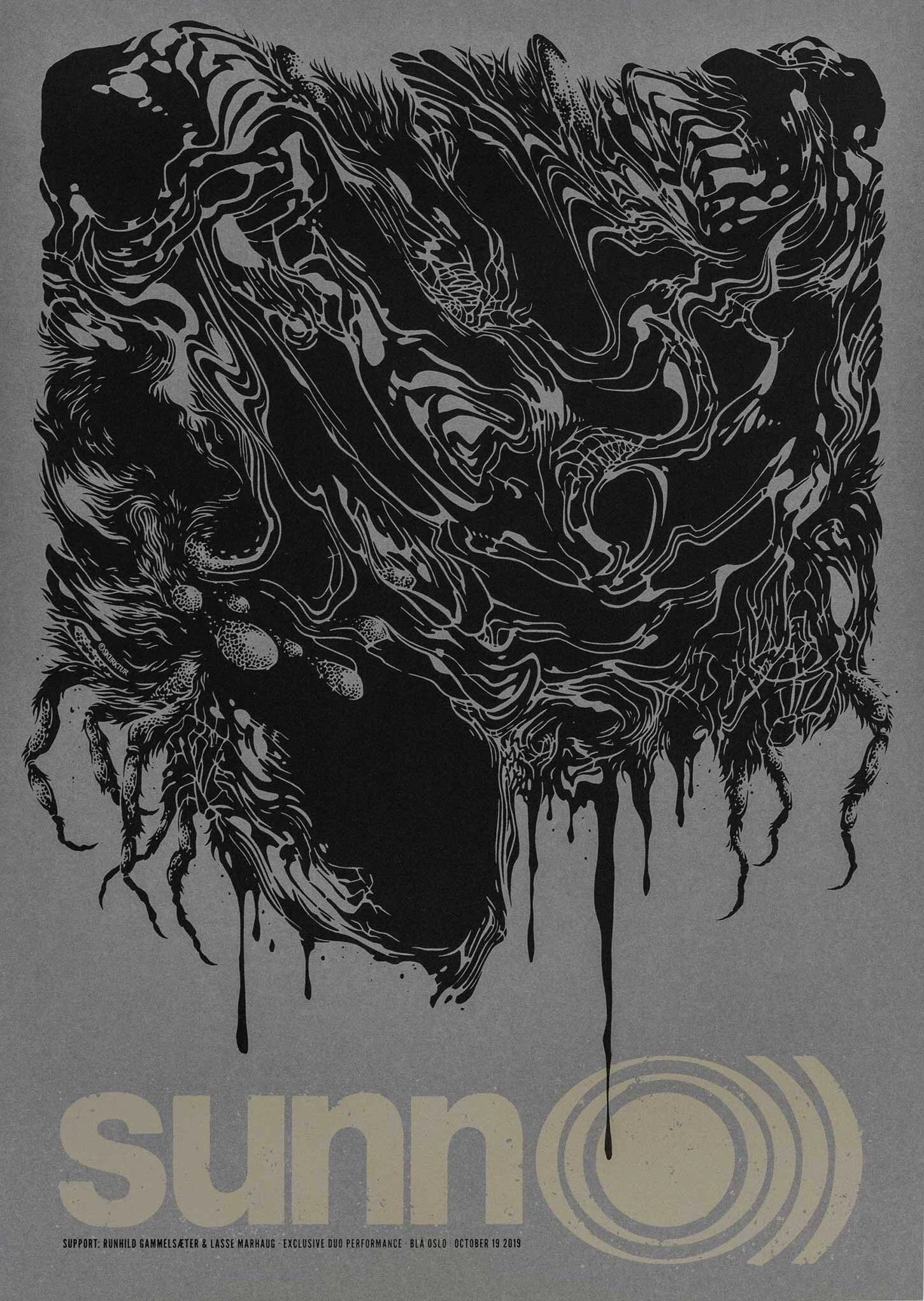 Black and gray abstract art featuring swirling, organic lines resembling a creature or face with parts dripping down. The word 'summ' is at the bottom with a circular design and small text supporting a performance event.