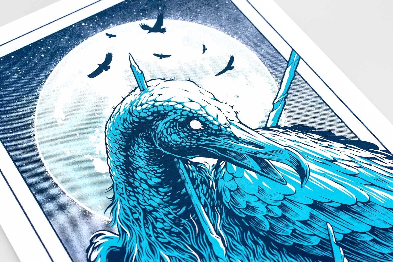 A stylized illustration of a plumed bird with long, pointed beak and feathers, set against a full moon and flying v-shaped formations of birds in the sky.