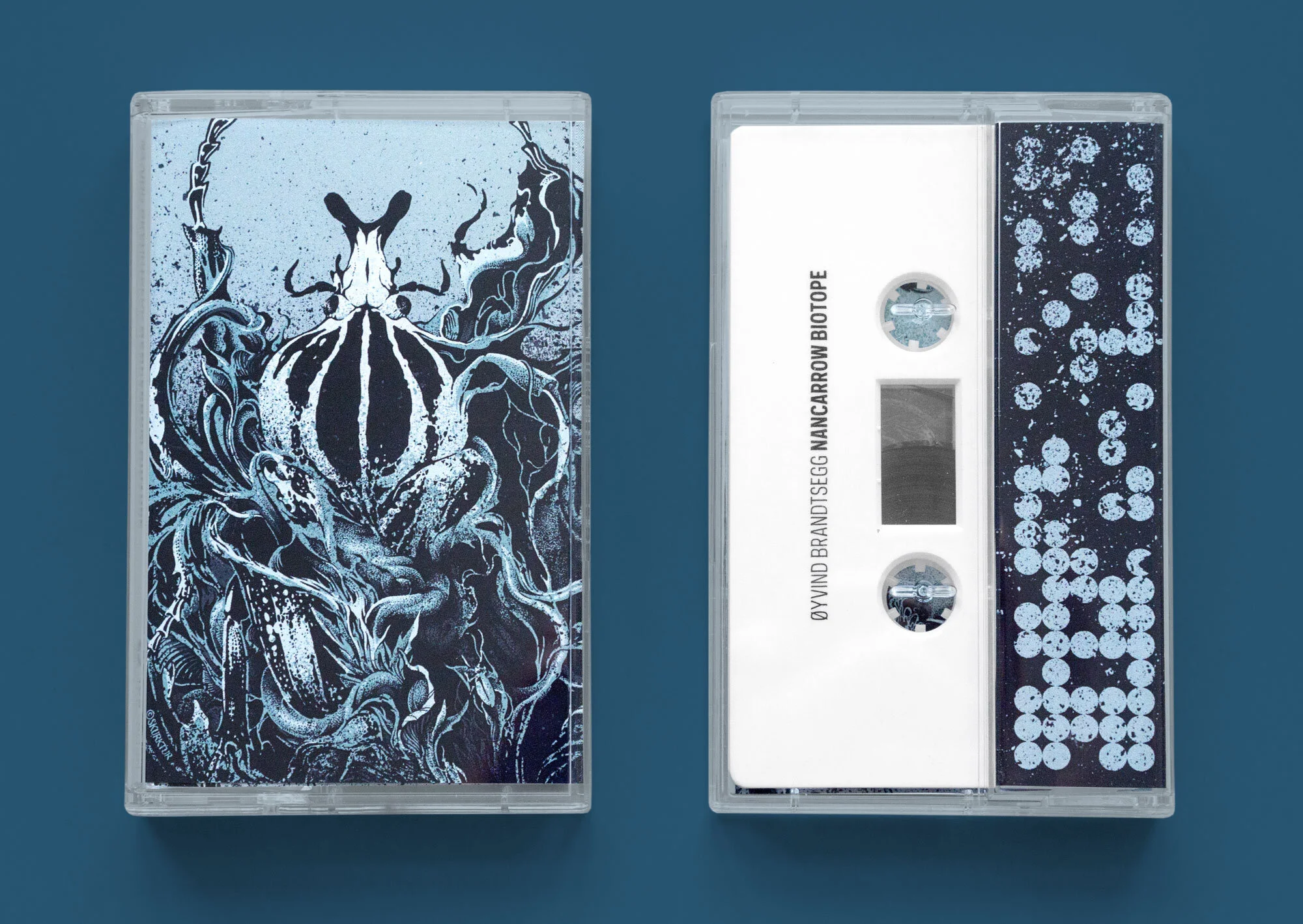 A cassette tape with a dark blue cover featuring a white skull and flowers, and the tape itself with a white label and dark blue decorative elements.