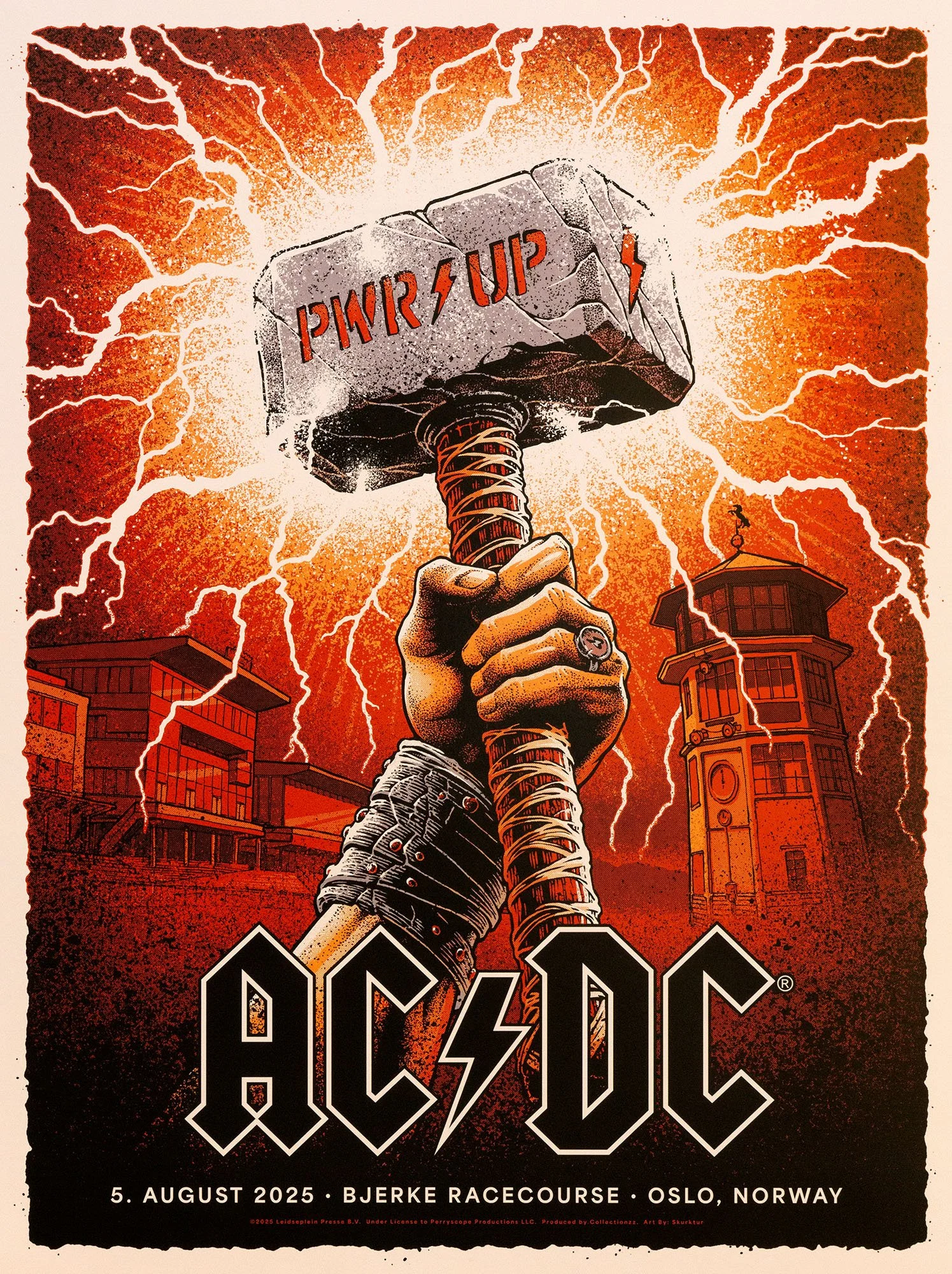 Poster for Australian rock band AC/DC’s concert at Bjerke Racecourse in Oslo, August 2025.