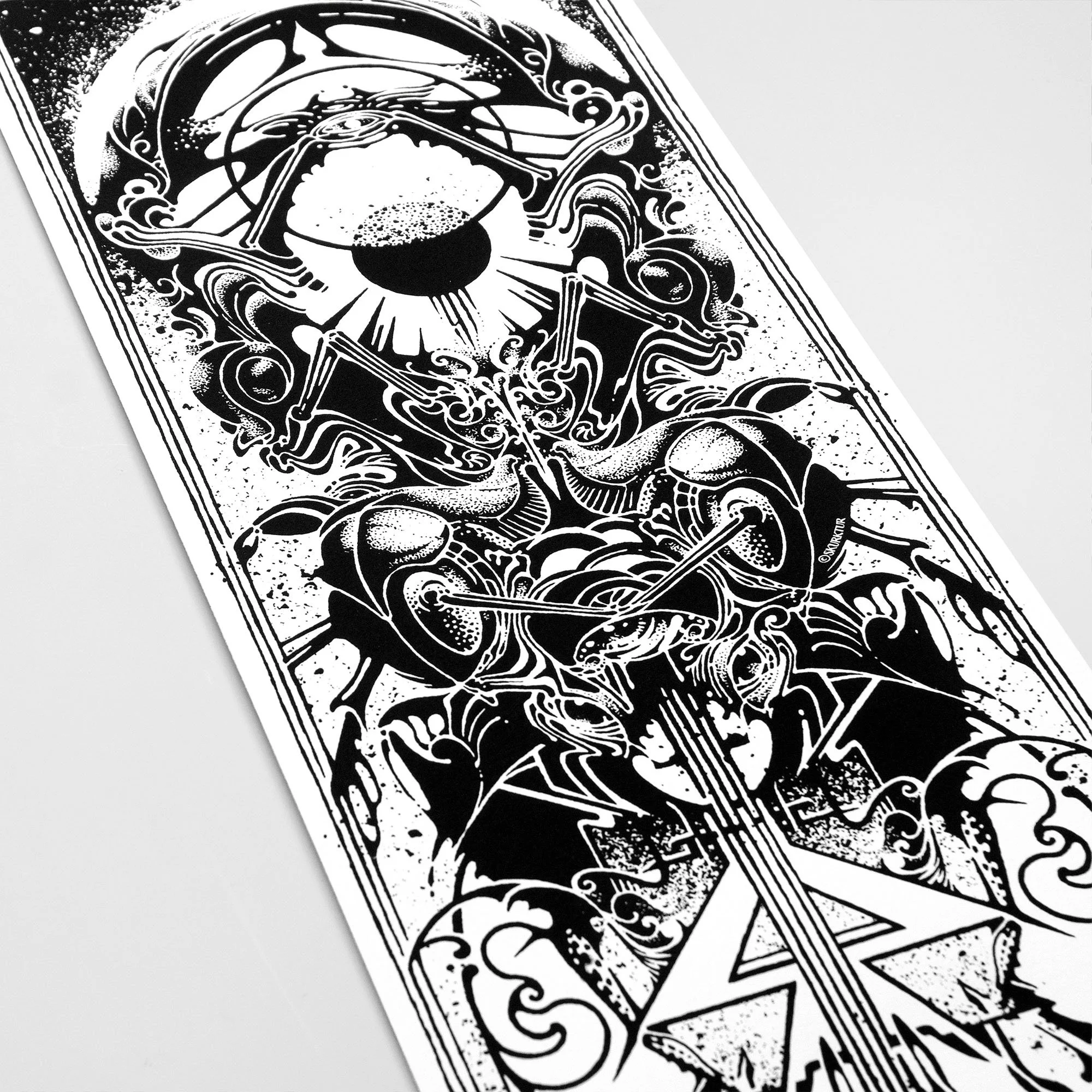 Black and white graphic of Insectoid creatures with elongated limbs and sharp features, connected by lines and surrounded by ornate decorative elements.