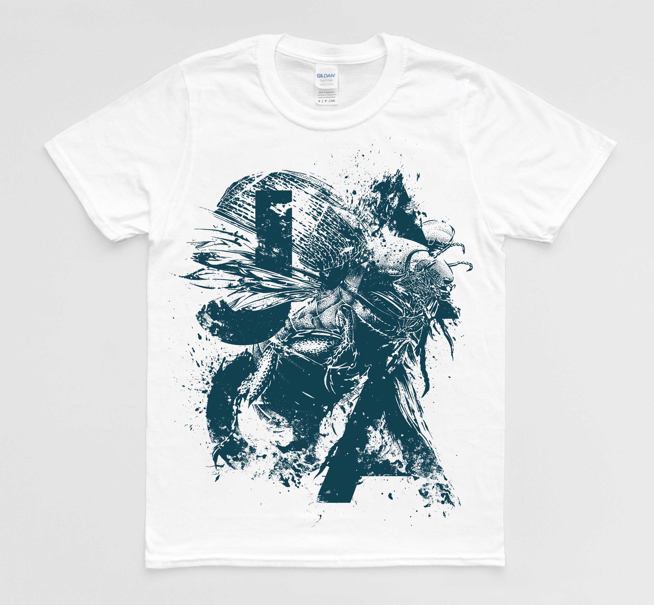 White T-shirt with a large graphic design of a stylized bee and abstract elements in dark blue.