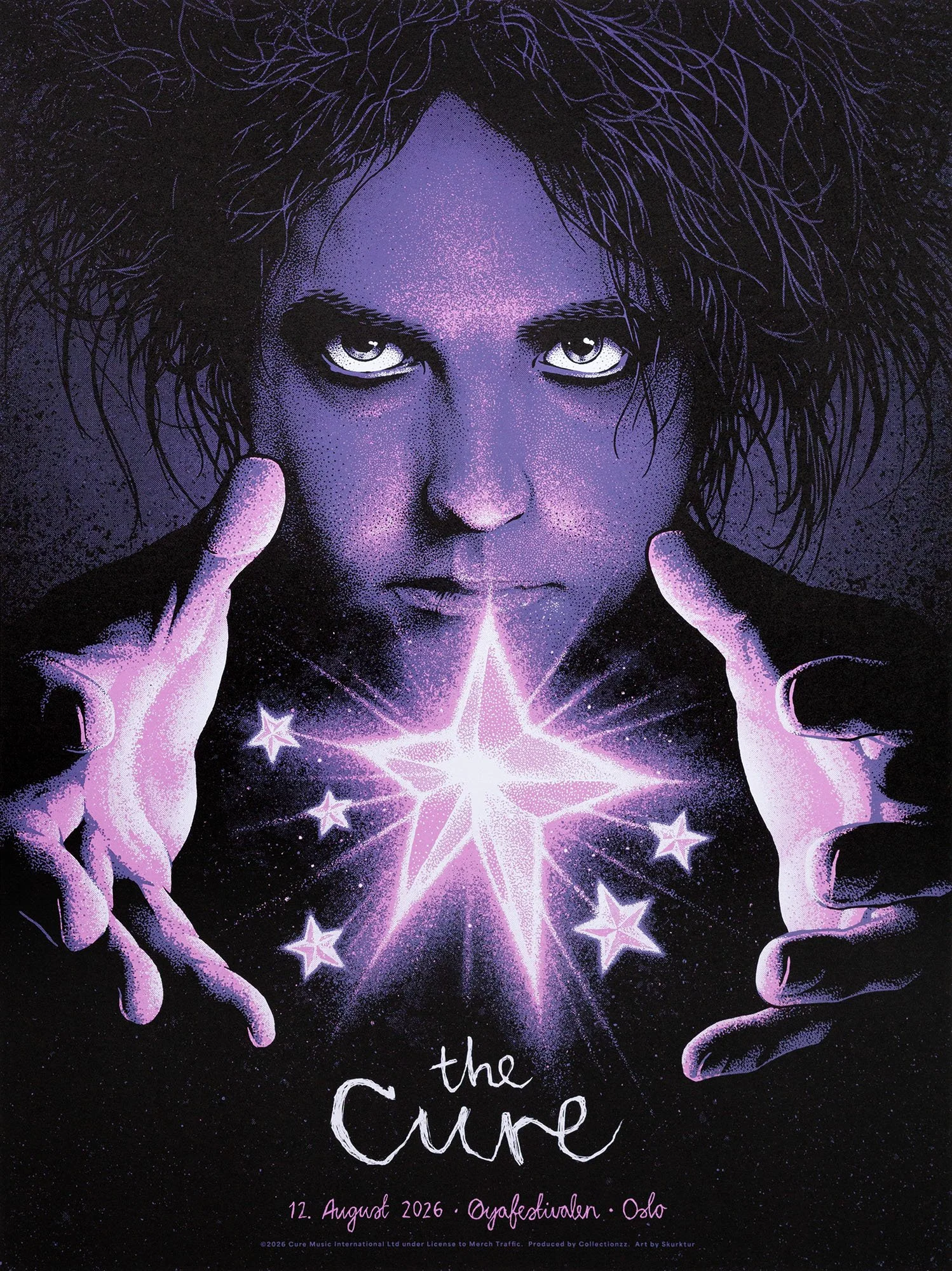 Gig poster for English rock band The Cure concert at Øyafestivalen in Oslo, August 2026.