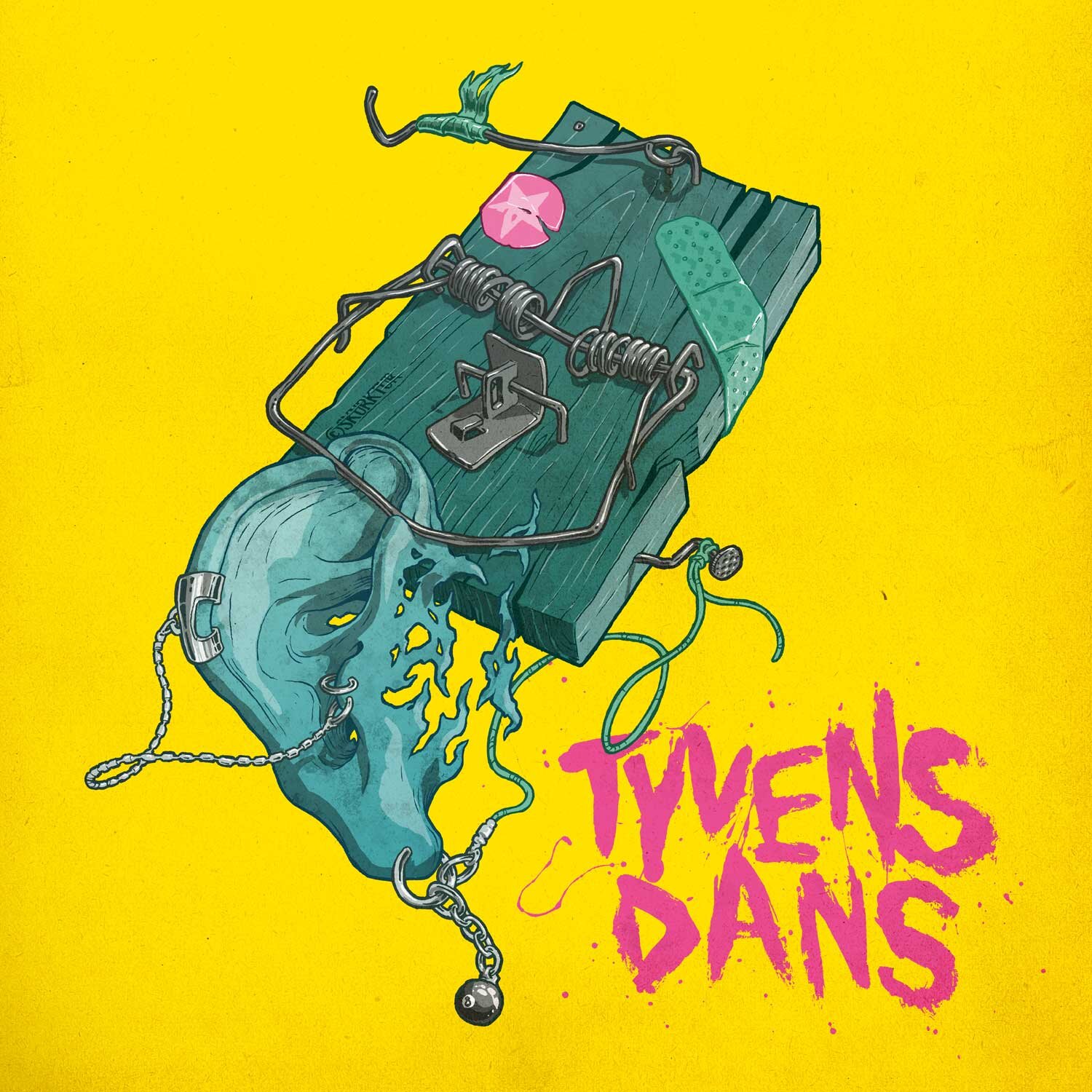 A drawing of a dog with a chain, a fake eye, and an earring, attached to a wooden board with a spring trap. The background is yellow, and the words "TYVENS DANS" are written in pink graffiti style.