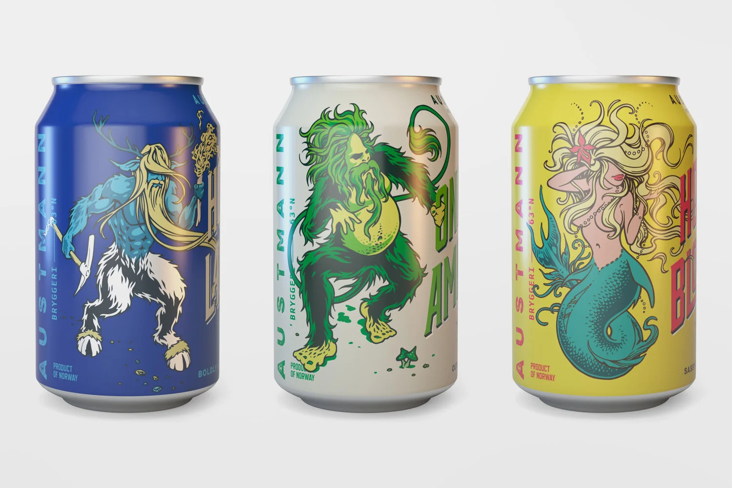 Three cans of beer with illustrated Norse mythological characters: a blue can with a horned, bearded man in Viking armor holding an axe, a white can with a green man with long hair and beard playing a horn, and a yellow can with a mermaid with flowin