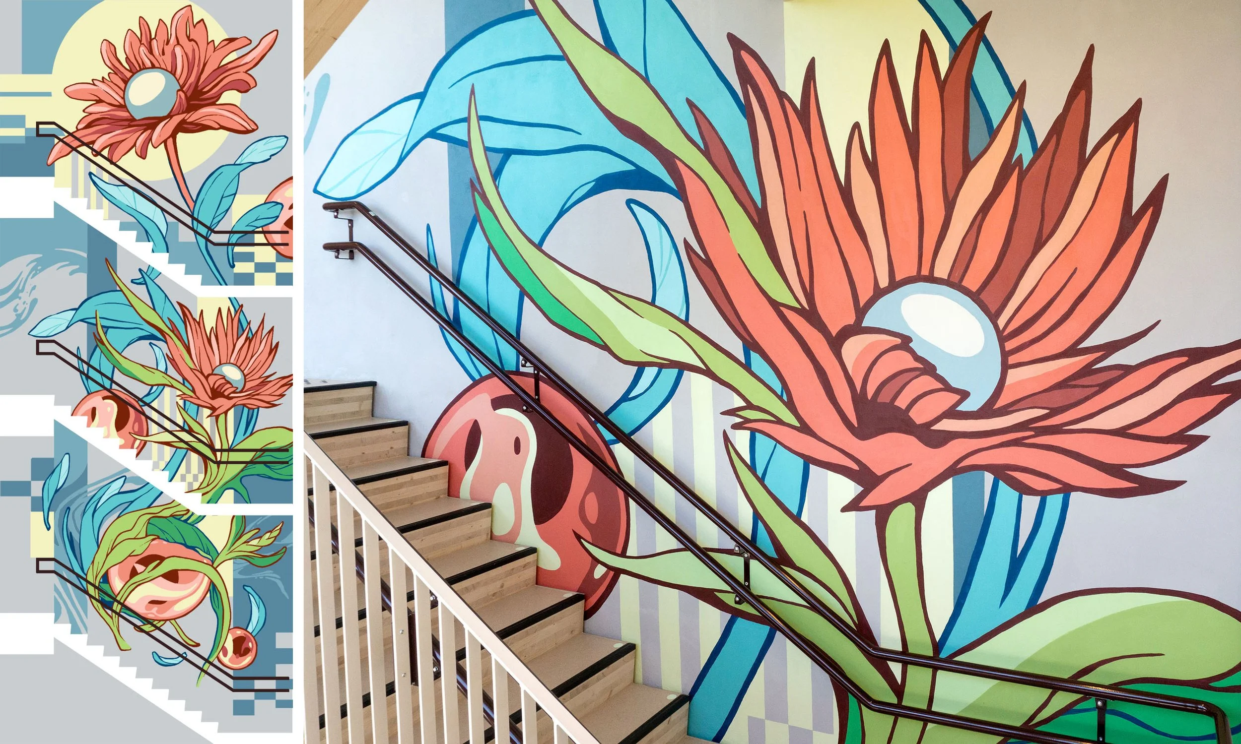Colorful mural of a large orange flower with a blue center, green leaves, and abstract blue shapes in the background, painted on a wall adjacent to a staircase. Three smaller screenshots of the same mural in different stages of completion are shown o