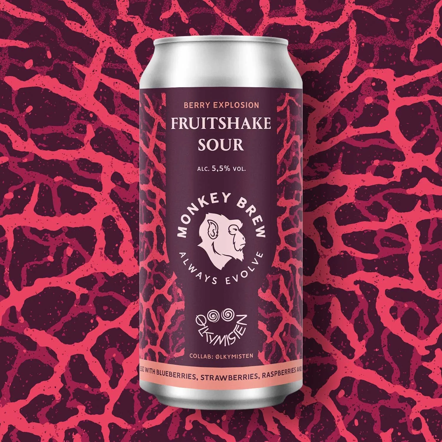 A can of Monkey Brew fruitshake sour with a purple label and pink background featuring a digital pattern resembling a web or coral. The label states it is a berry explosion flavor with 5.5% alcohol, collab with Ølkymisten.
