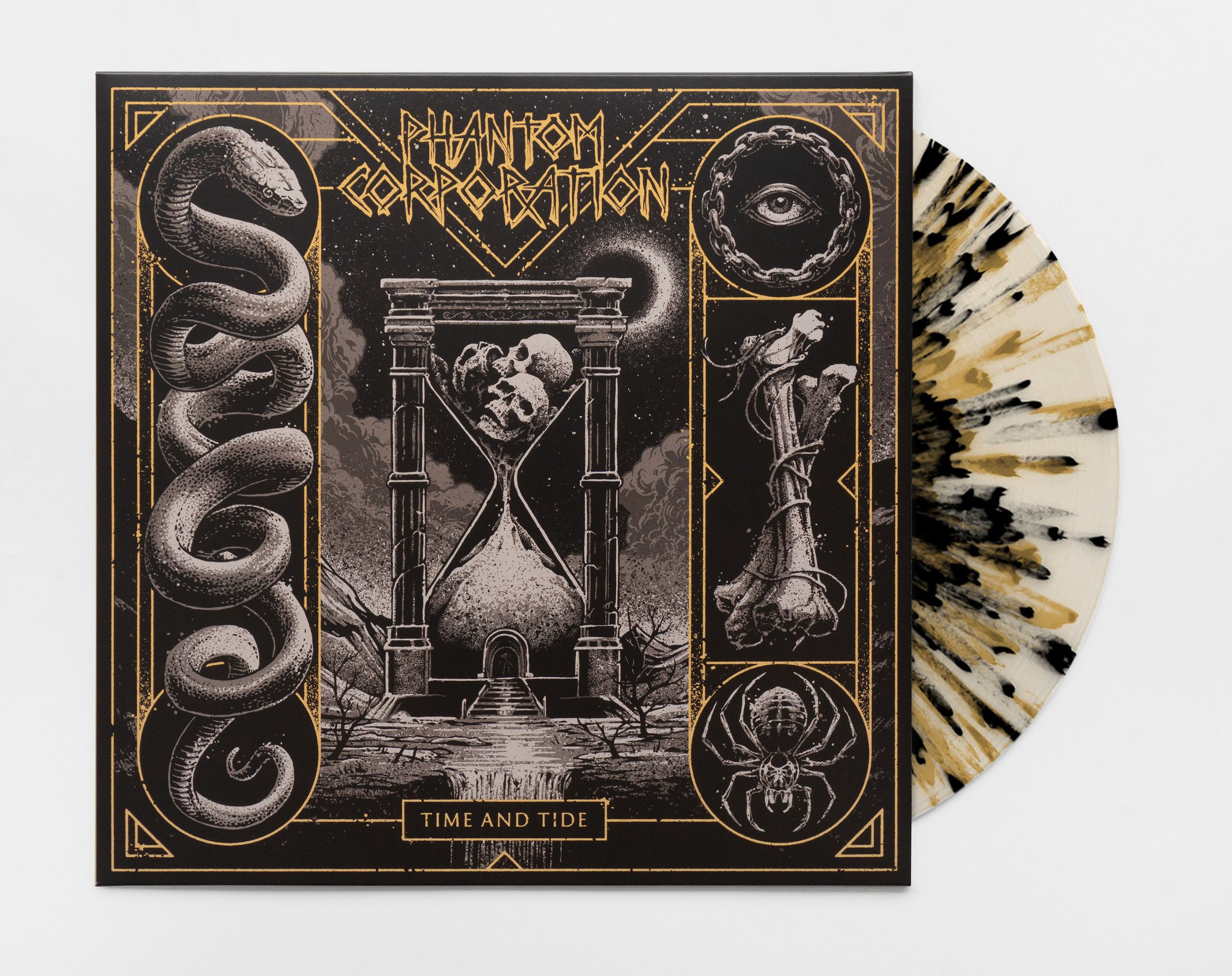 Artwork and design for the album Time and Tide by German metal band Phantom Corporation.