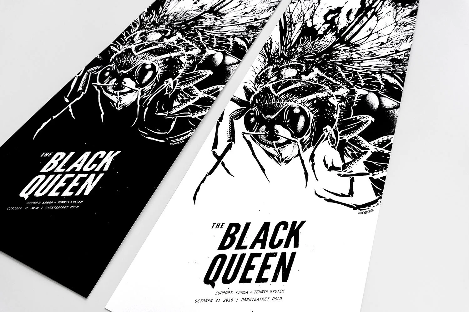 Black and white posters featuring an illustration of a detailed bee with outstretched wings and large eyes. The posters promote an event called "The Black Queen" scheduled for October 31, 2018, at Parkteatret Oslo, with support from Kanga and Tennis 